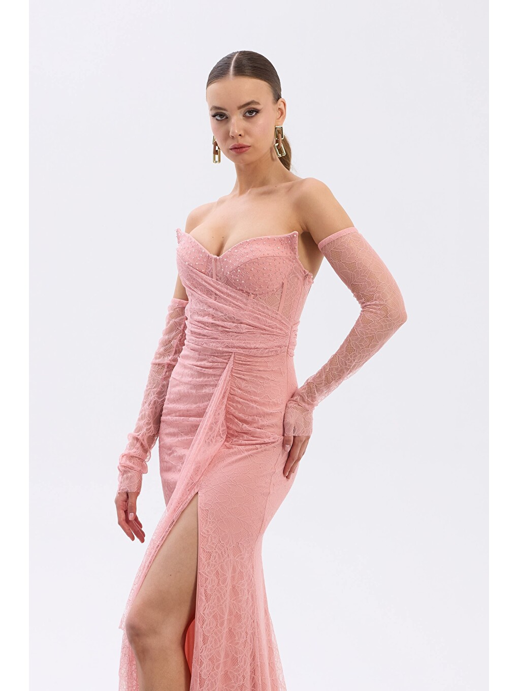Pembe Pudra Kedi Kulağı Eldivenli Tül Abiye Elbise-5
