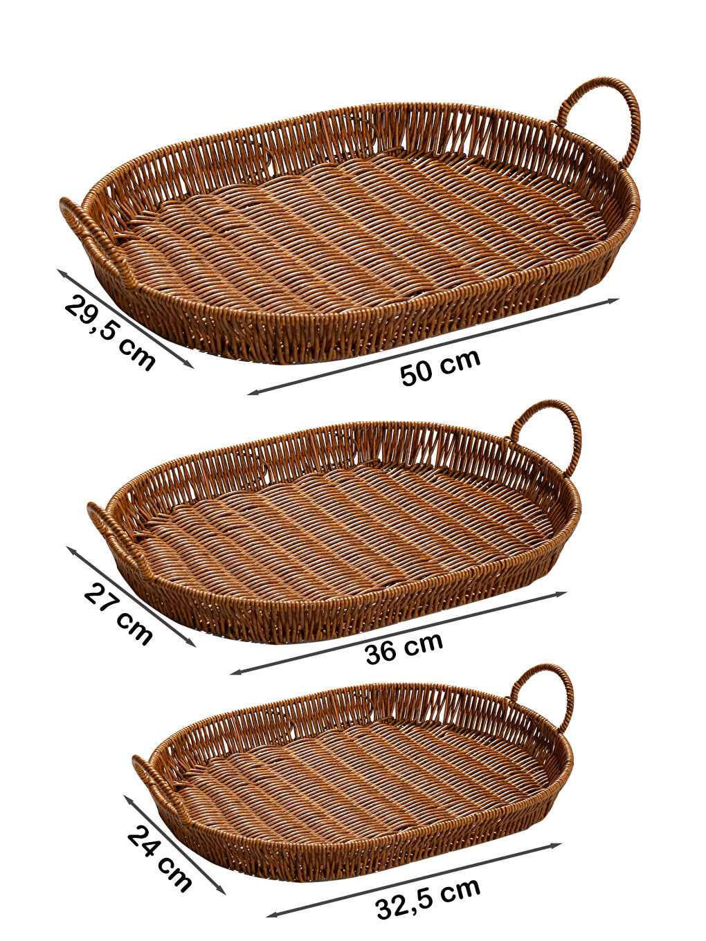Kahverengi 708-C Oval 3'lü Dekoratif Ev Mutfak Düzenleyici Kulplu Hasır Sepet Seti Hasır Tepsi-2