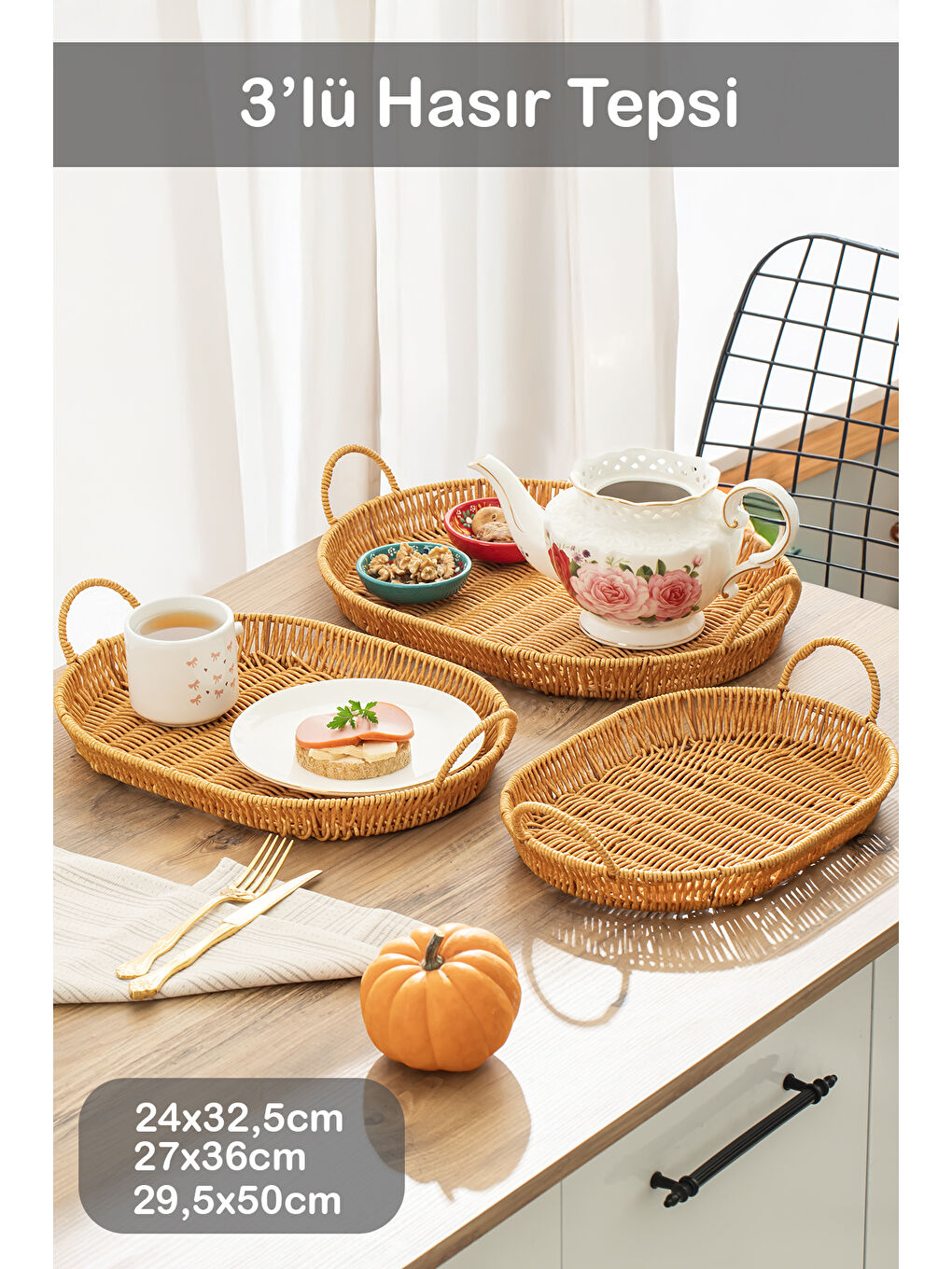Kahverengi 708-B Oval 3'lü Dekoratif Ev Mutfak Düzenleyici Kulplu Hasır Sepet Seti Hasır Tepsi