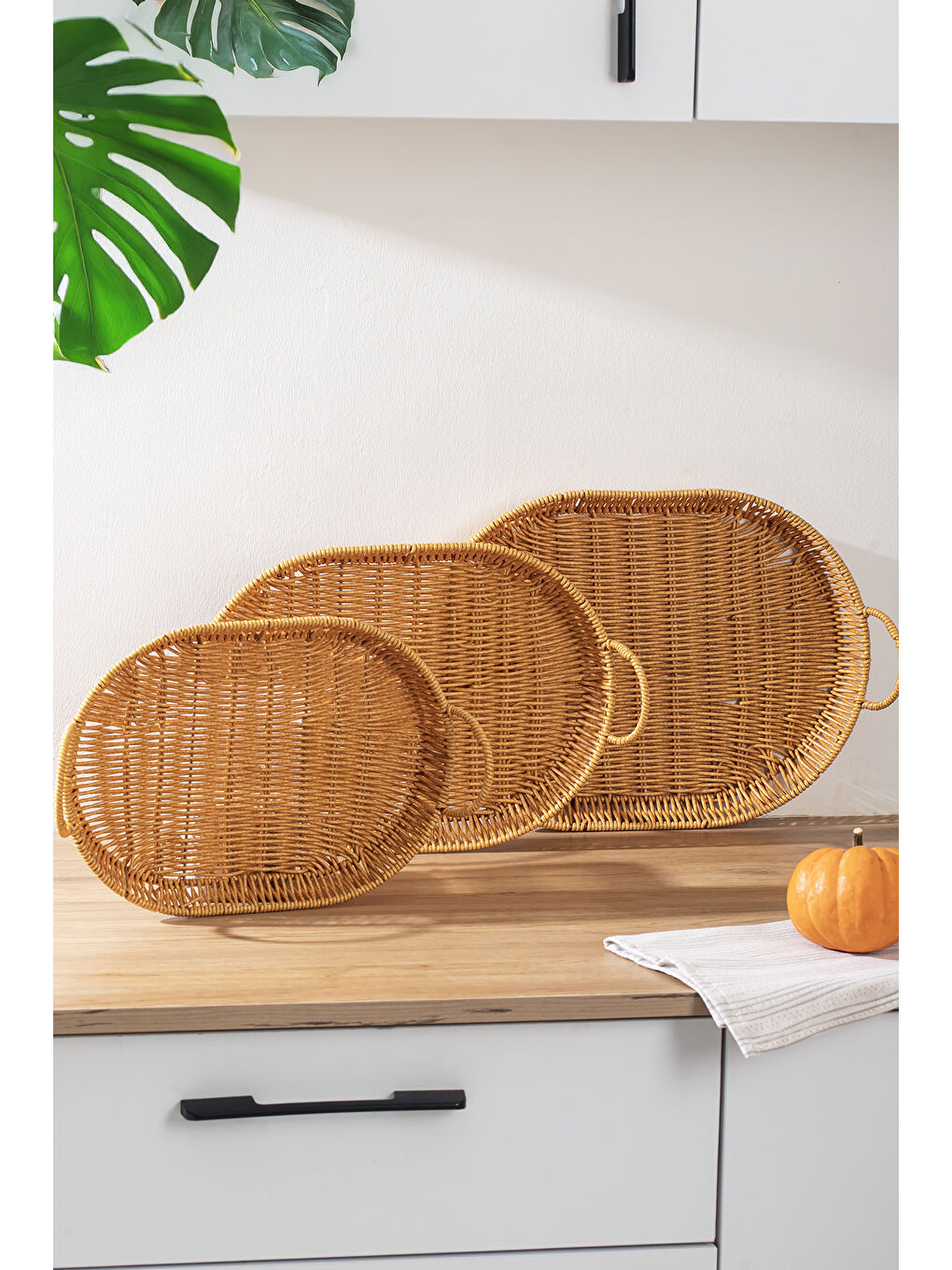 Kahverengi 708-B Oval 3'lü Dekoratif Ev Mutfak Düzenleyici Kulplu Hasır Sepet Seti Hasır Tepsi-1