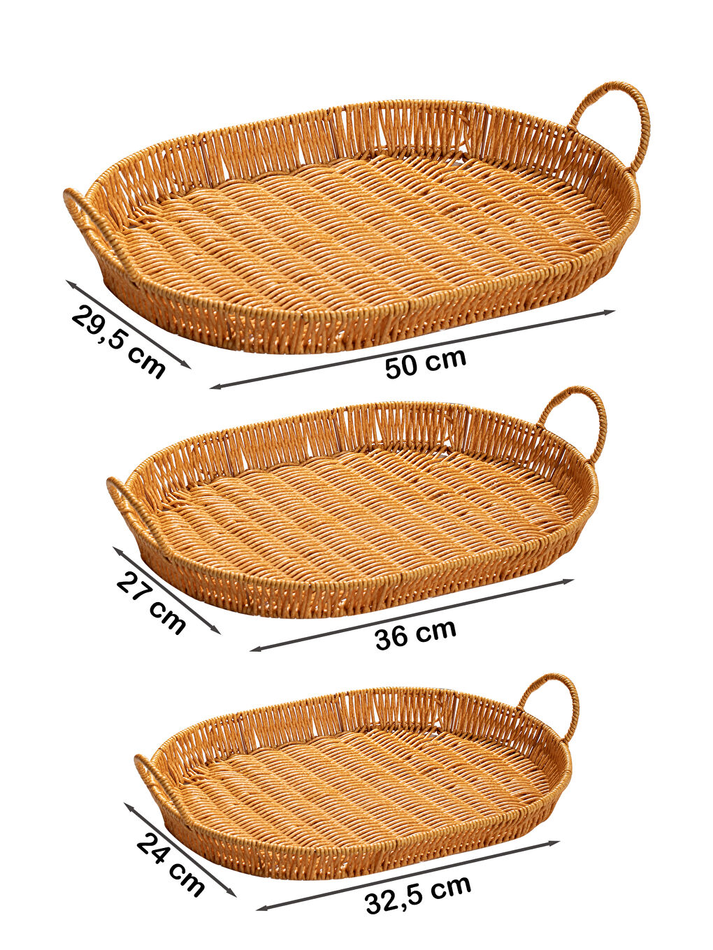 Kahverengi 708-B Oval 3'lü Dekoratif Ev Mutfak Düzenleyici Kulplu Hasır Sepet Seti Hasır Tepsi-3