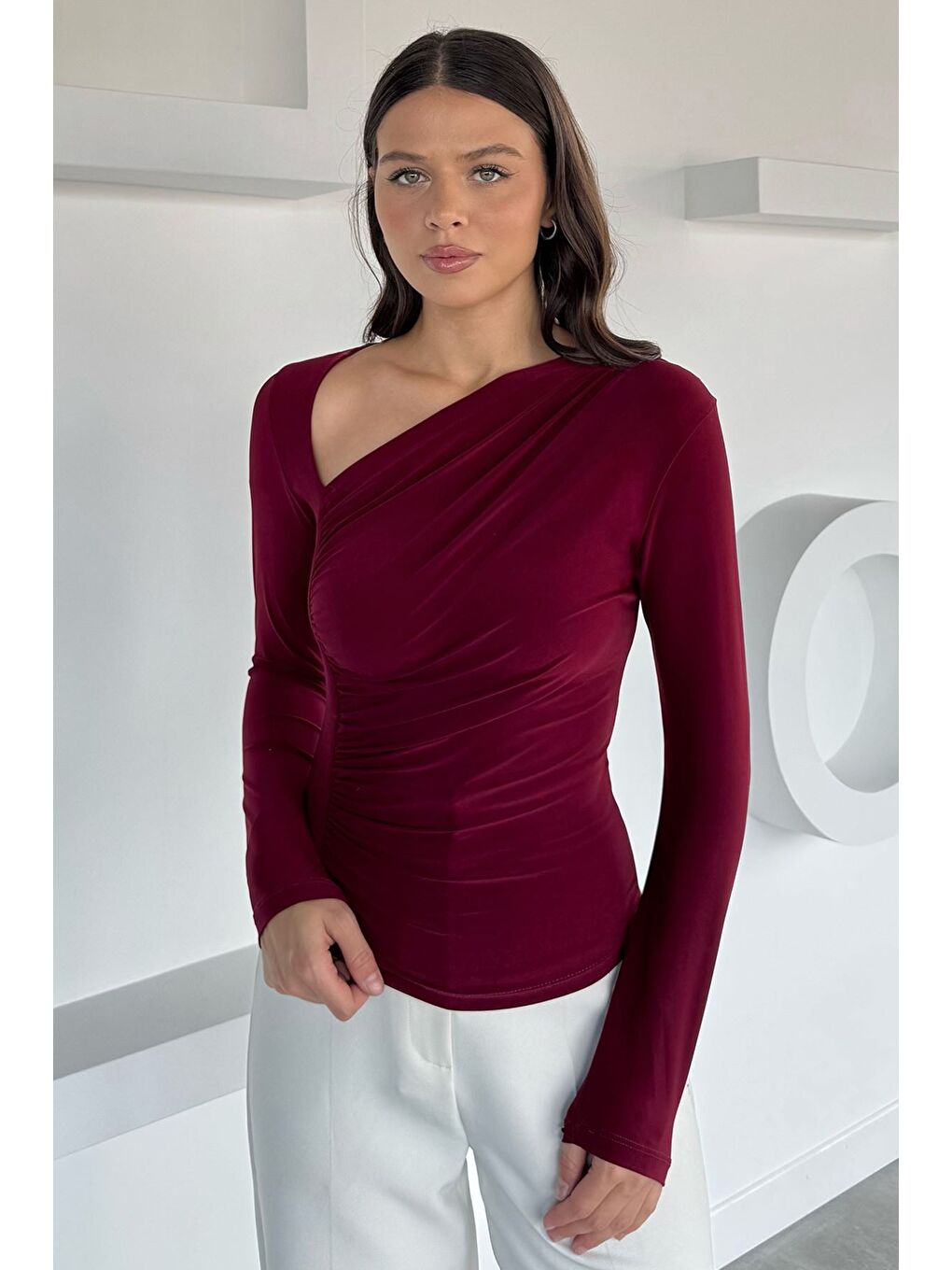 Bordo Kadın Drapeli V Yaka Bluz