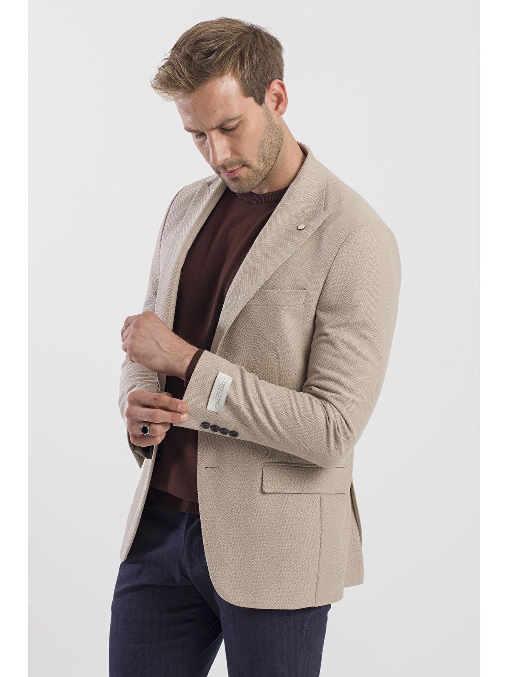 Bej Vizon Slim Fit Desenli Sivri Yaka Ceket-2