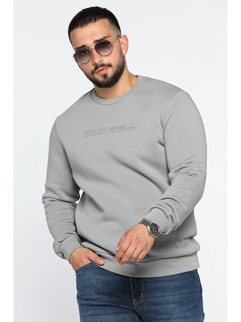 Mishar İtalia Gri Bisiklet Yaka Kabartma Baskılı Üç İplik Şardonlu Erkek Sweatshirt - 1