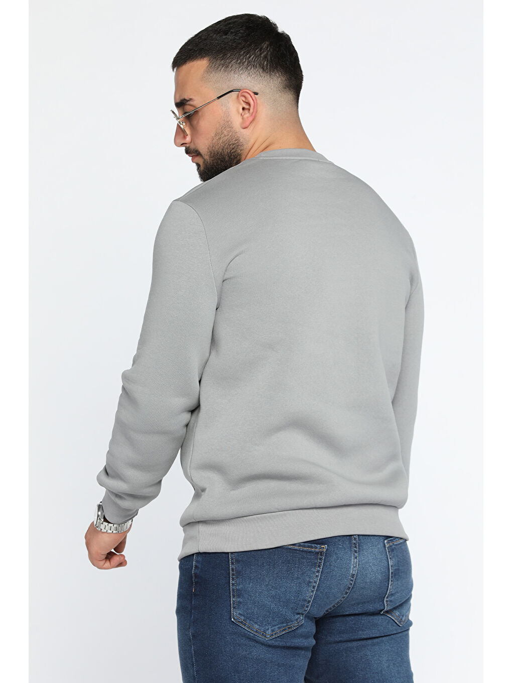 Mishar İtalia Gri Bisiklet Yaka Kabartma Baskılı Üç İplik Şardonlu Erkek Sweatshirt - 2