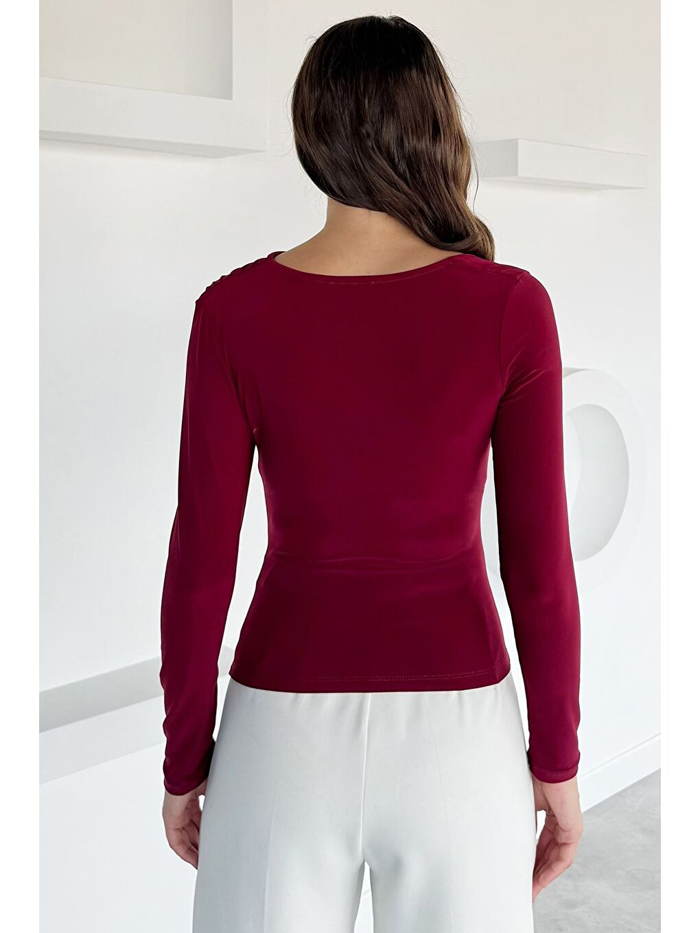 Bordo Kadın Drapeli V Yaka Bluz-4