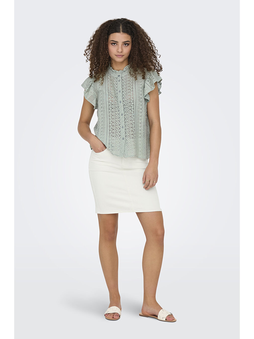 Yeşil Onlgabina Ajurlu % 100 Pamuk Regular Fit Dik Yaka Bluz 15335251-1