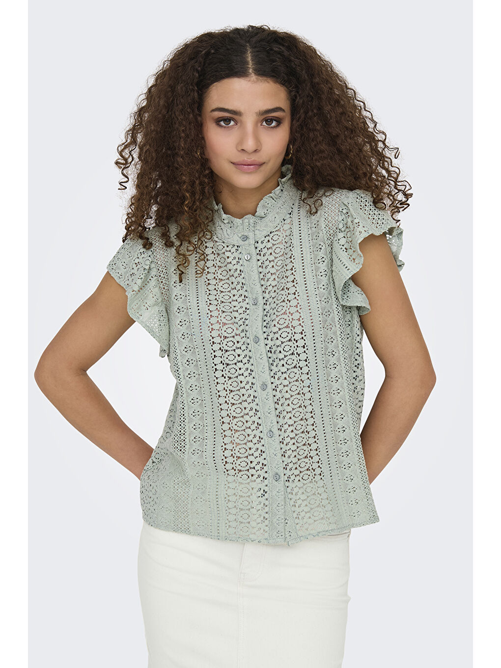 Yeşil Onlgabina Ajurlu % 100 Pamuk Regular Fit Dik Yaka Bluz 15335251-2