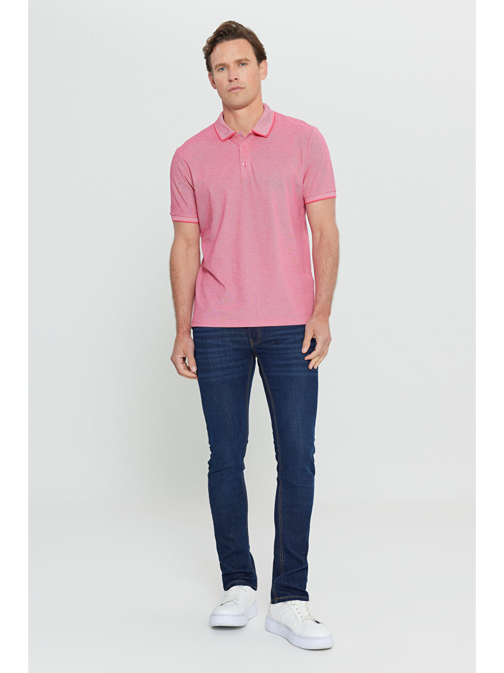 Erkek Fuşya-Beyaz Slim Fit Dar Kesim Kıvrılmaz Polo Yaka Kısa Kollu Tişört-6