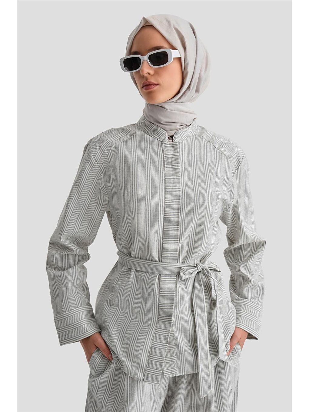 Gri Kalın Çizgili Pamuk Takım 24K6853 İndigo