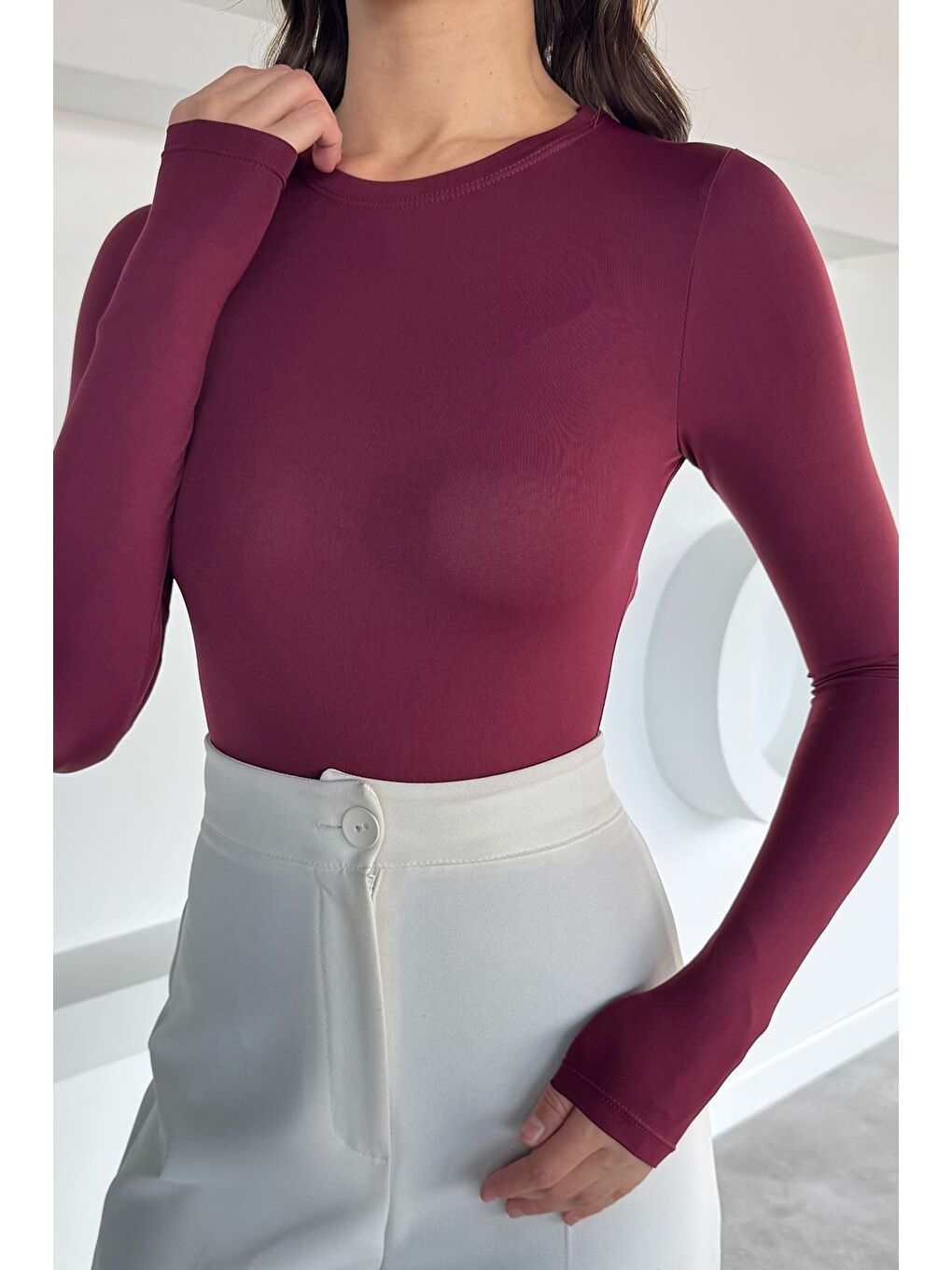 Bordo Kadın Bisiklet Yaka Çıtçıtlı Bodysuit-2