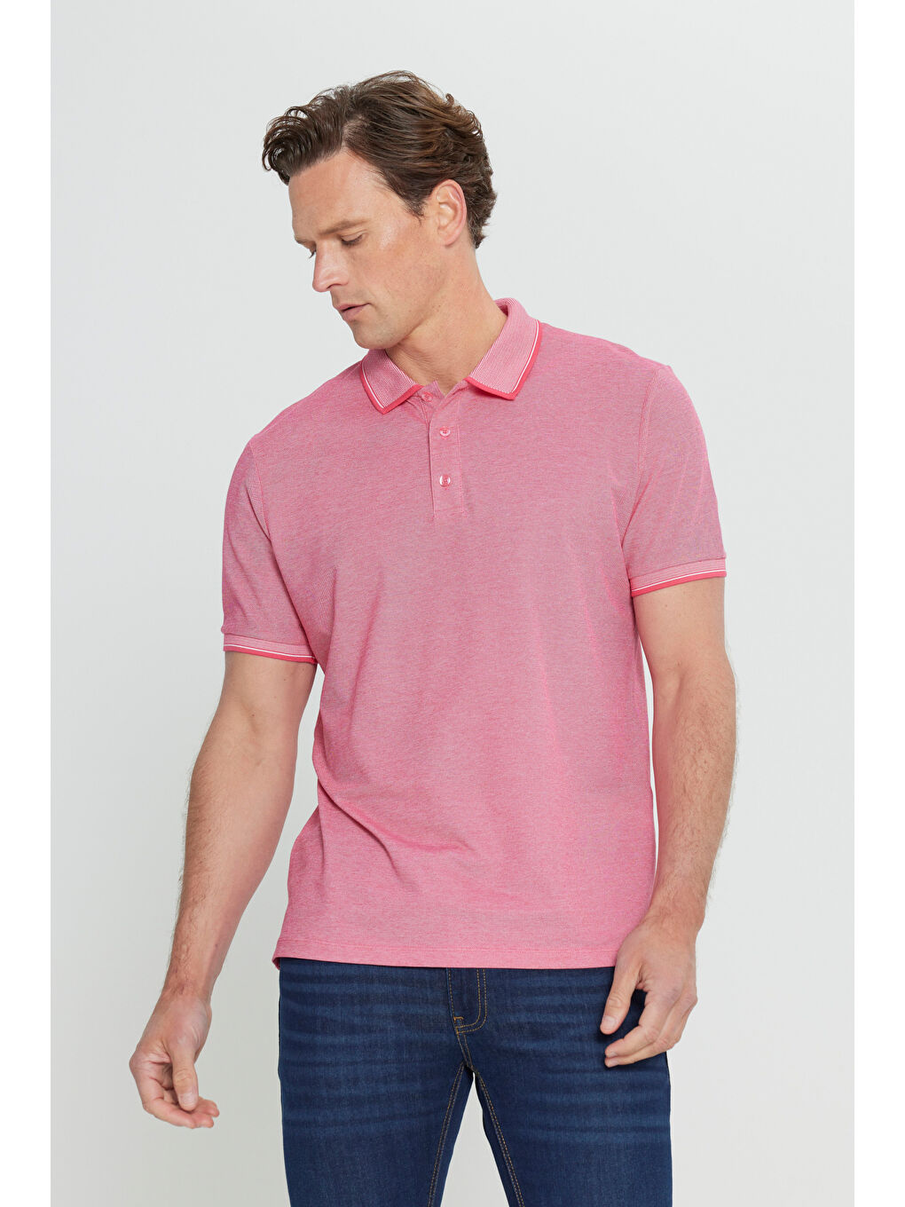 Erkek Fuşya-Beyaz Slim Fit Dar Kesim Kıvrılmaz Polo Yaka Kısa Kollu Tişört-8