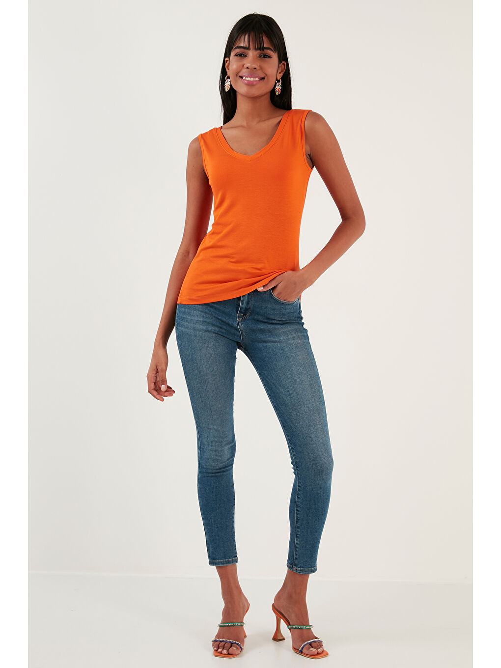 Lila Slim Fit V Yaka Kalın Askılı 2' li Paket Kadın Bluz 5864384S2-3