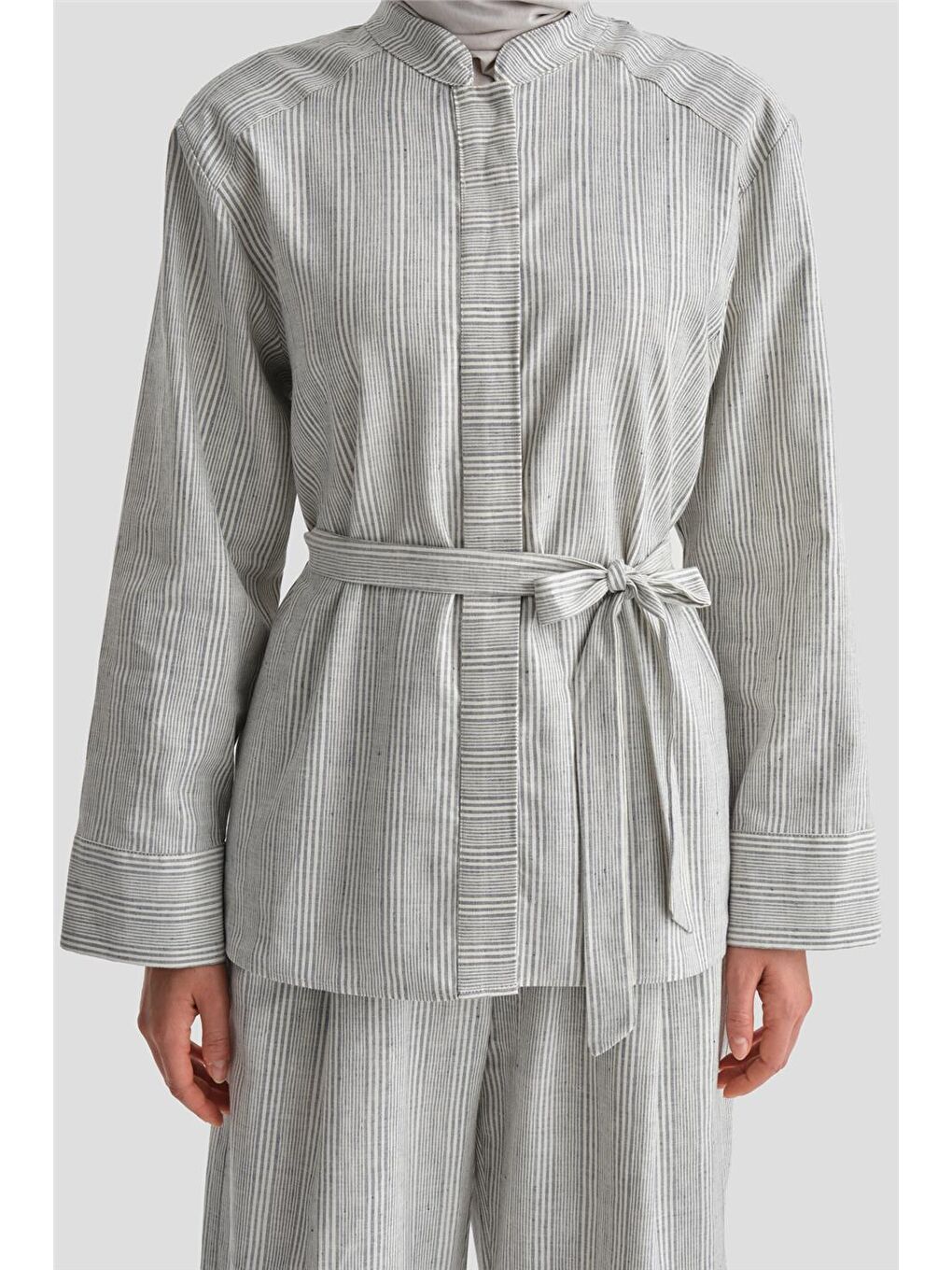 Gri Kalın Çizgili Pamuk Takım 24K6853 İndigo-3