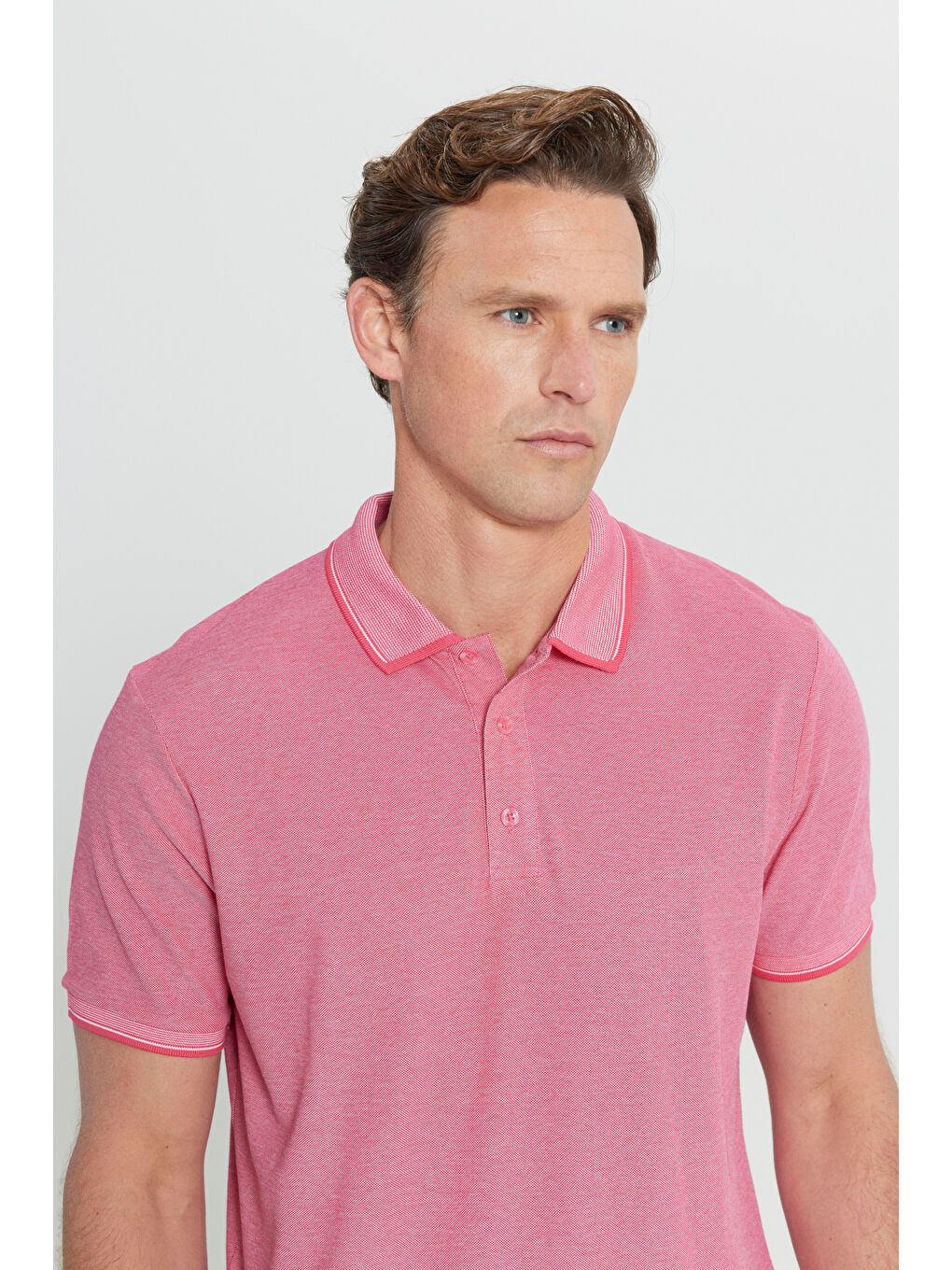 Erkek Fuşya-Beyaz Slim Fit Dar Kesim Kıvrılmaz Polo Yaka Kısa Kollu Tişört-9