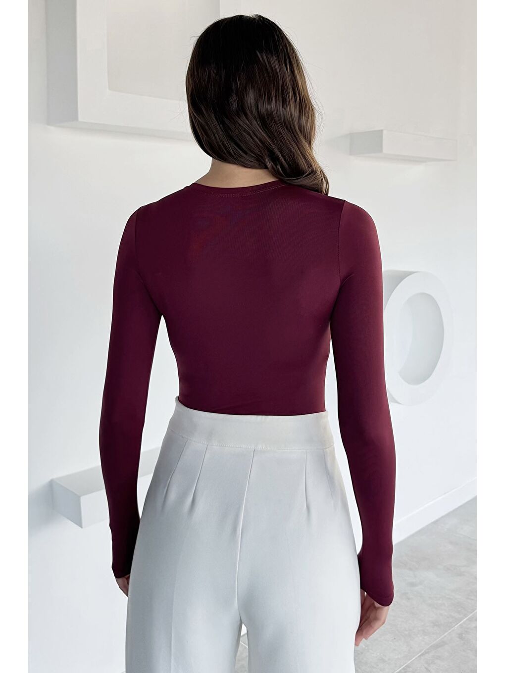 Bordo Kadın Bisiklet Yaka Çıtçıtlı Bodysuit-3