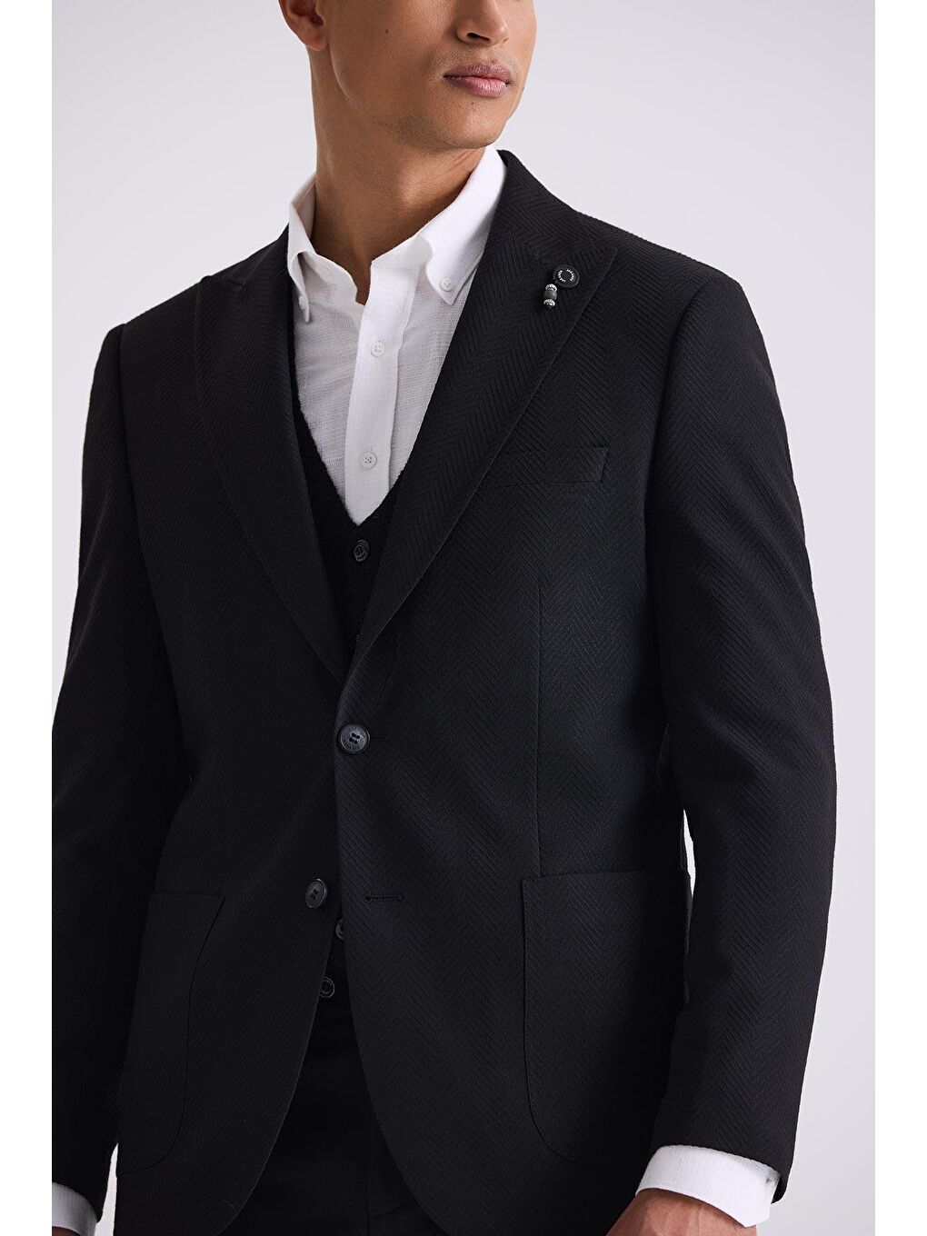 Siyah Slim Fit Sivri Yaka Desenli Spor Ceket-2