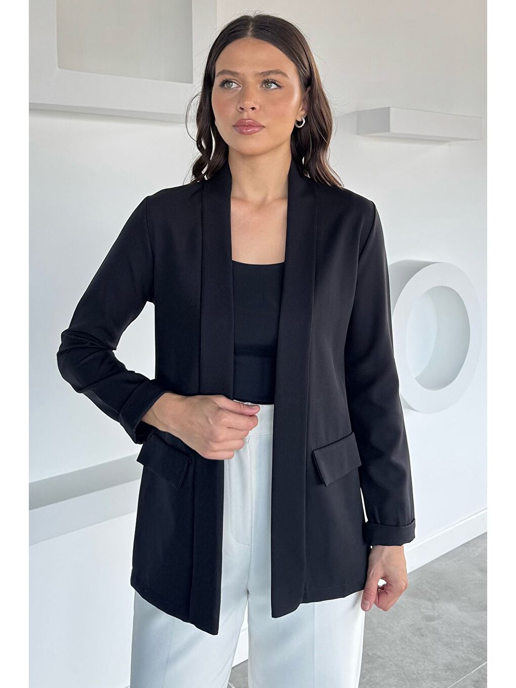 Siyah Kadın Duble Kol Önü Açık Ceket