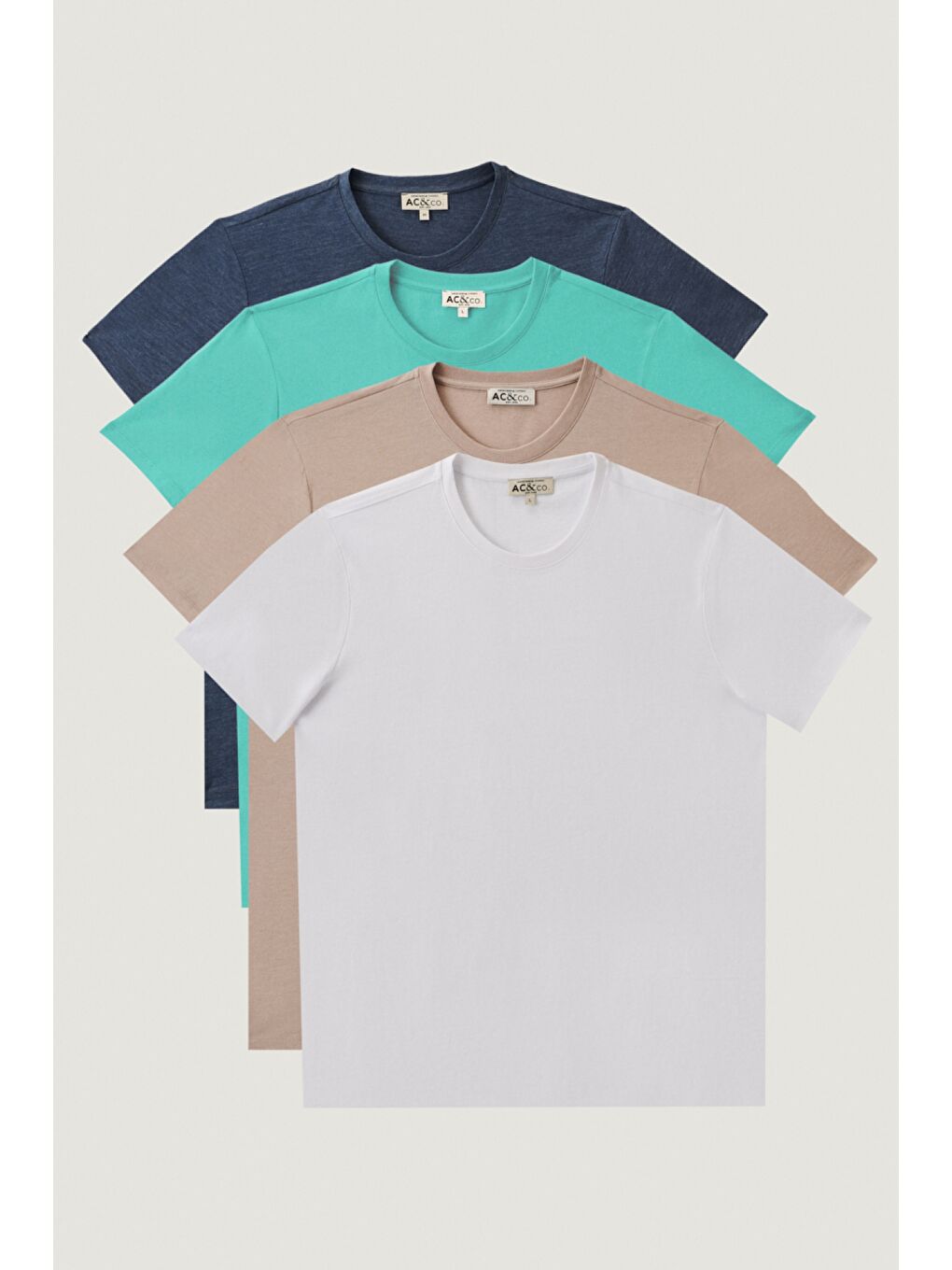 Erkek Bej Melanj-Mint-İndigo Melanj-Beyaz Slim Fit 4'lü Tişört Paket