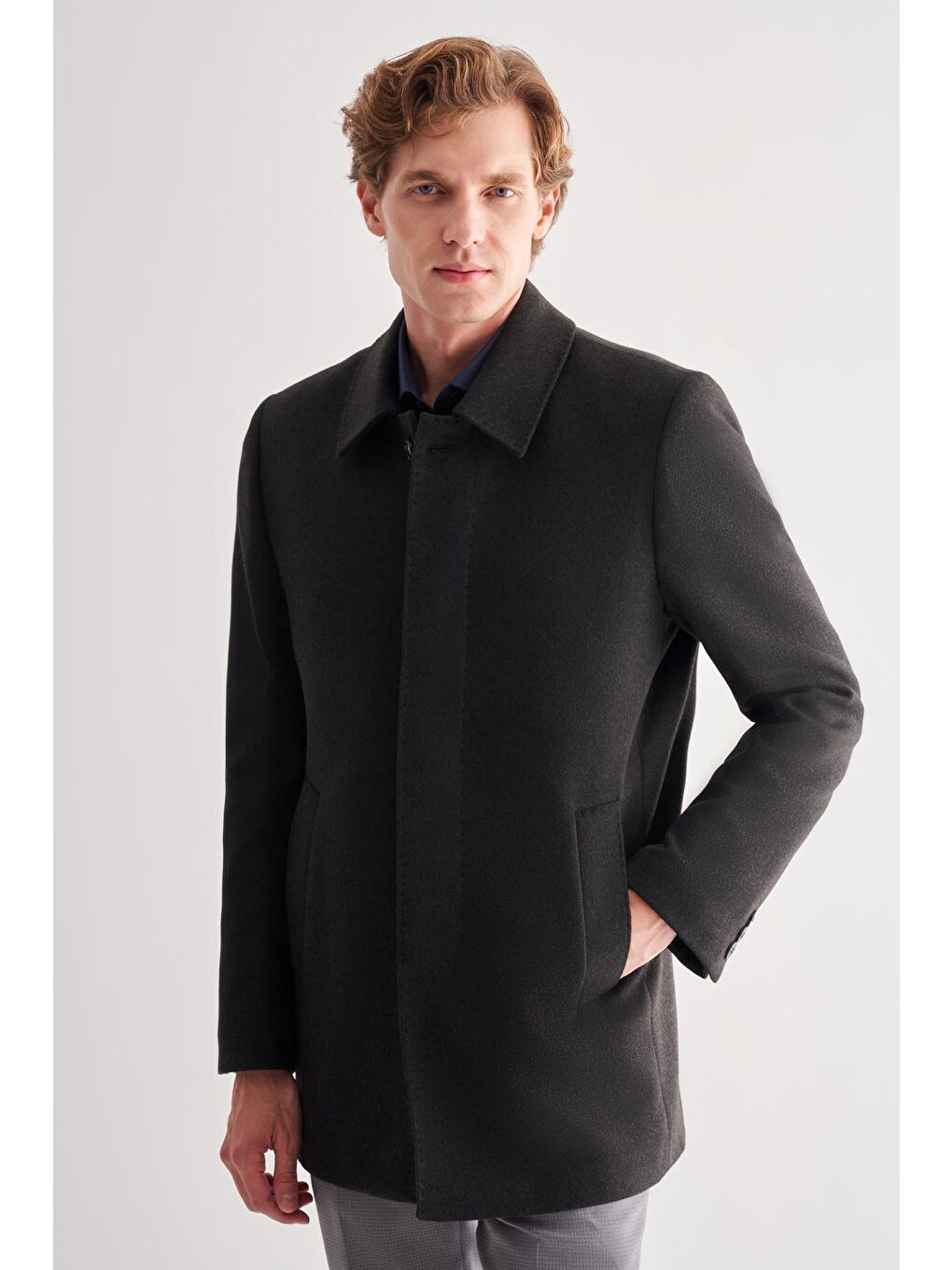 Antrasit Kaşe Bebe Yaka Kapitoneli Astar Comfort Fit Rahat Kesim Klasik Kaban 1008245261-3