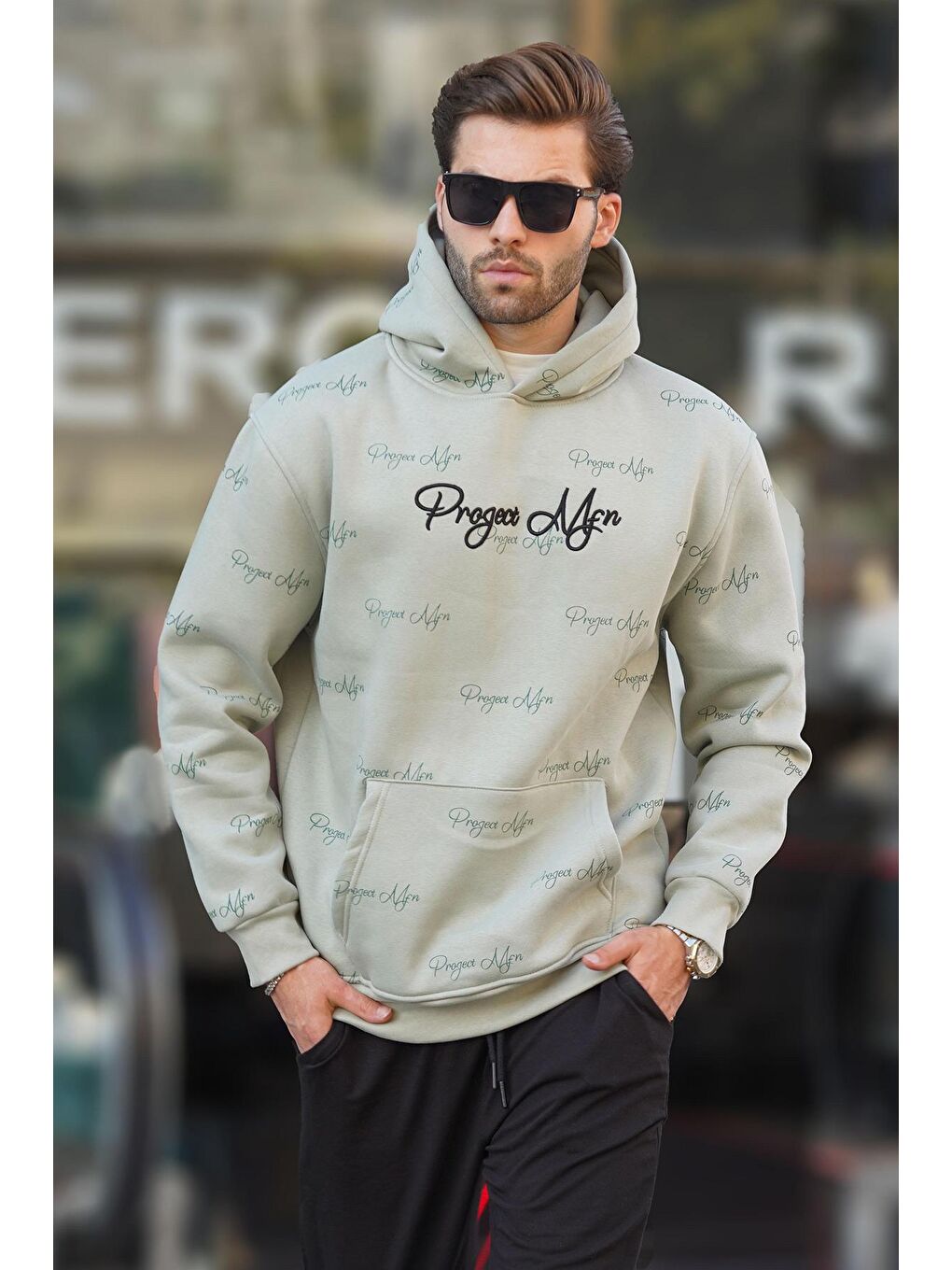 Madmext Çağla Yeşili Baskılı Kapüşonlu Cep Detaylı Erkek Sweatshirt 7075