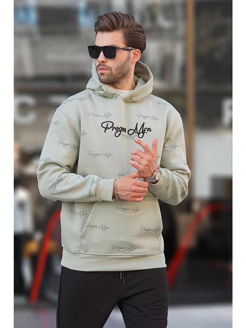 Madmext Çağla Yeşili Baskılı Kapüşonlu Cep Detaylı Erkek Sweatshirt 7075 - 1