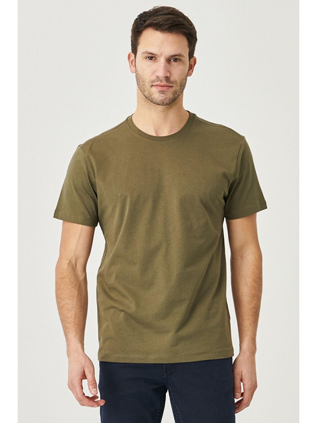 Erkek Haki-Bej Melanj Slim Fit Bisiklet Yaka 2'li Düz Tişört Paketi-1