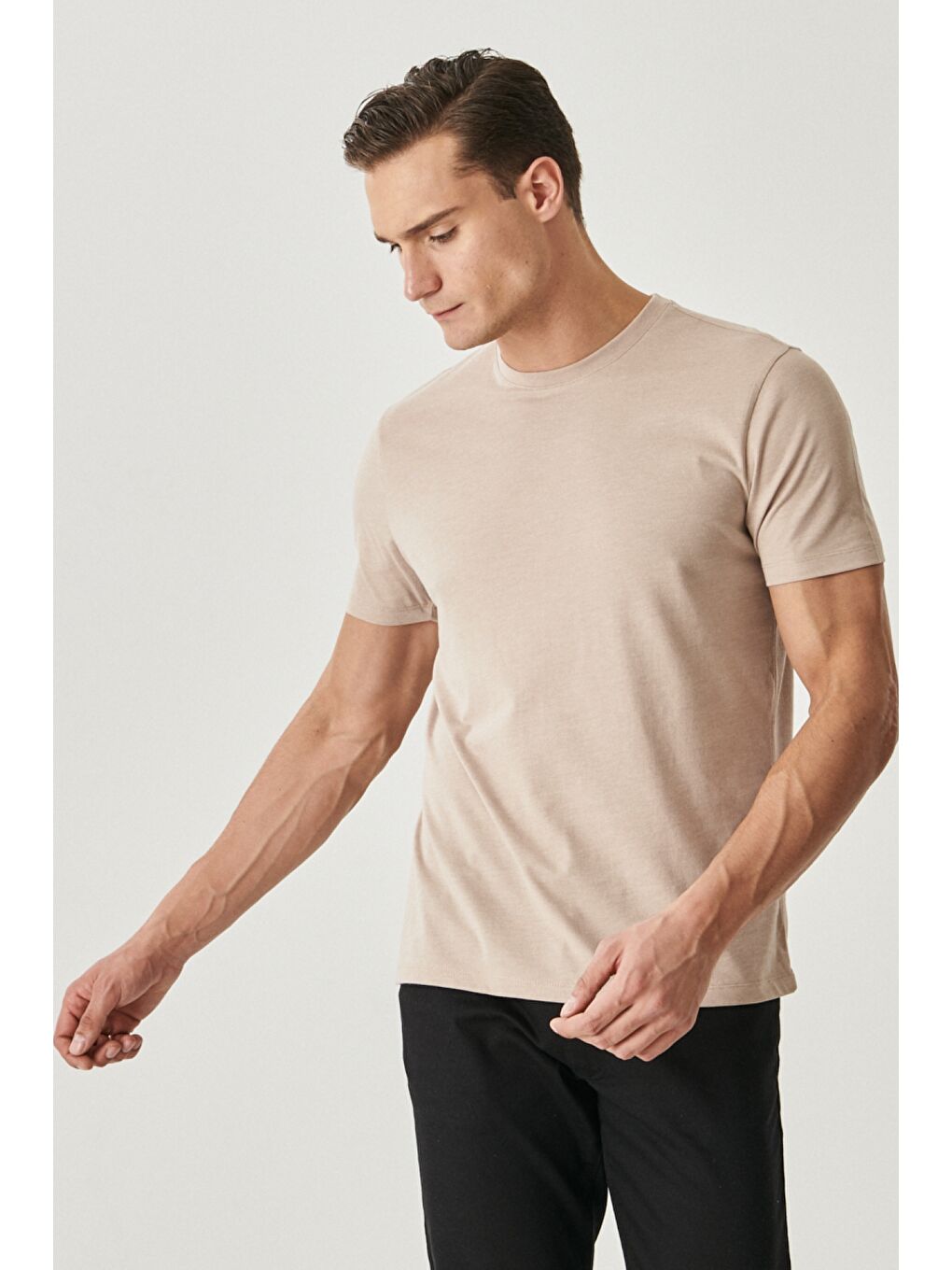 Erkek Haki-Bej Melanj Slim Fit Bisiklet Yaka 2'li Düz Tişört Paketi-2