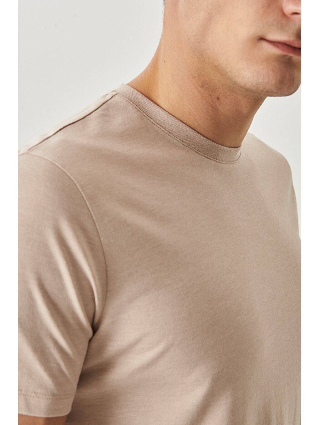 Erkek Haki-Bej Melanj Slim Fit Bisiklet Yaka 2'li Düz Tişört Paketi-4