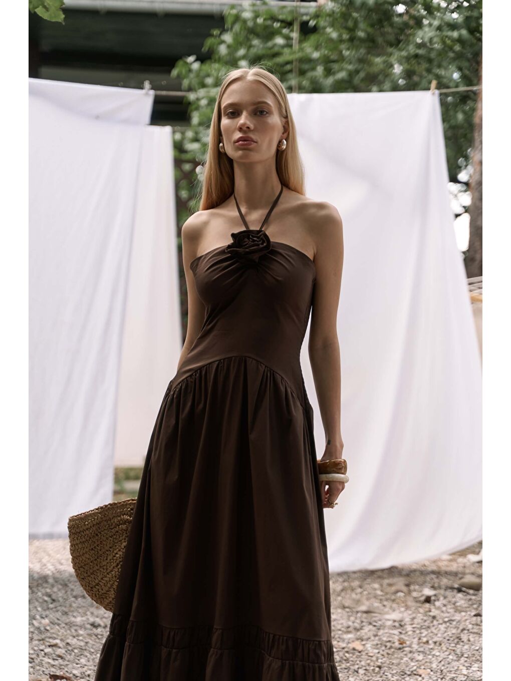 Kahverengi Elisa Gül Detay Koyu Kahve Uzun Elbise-2