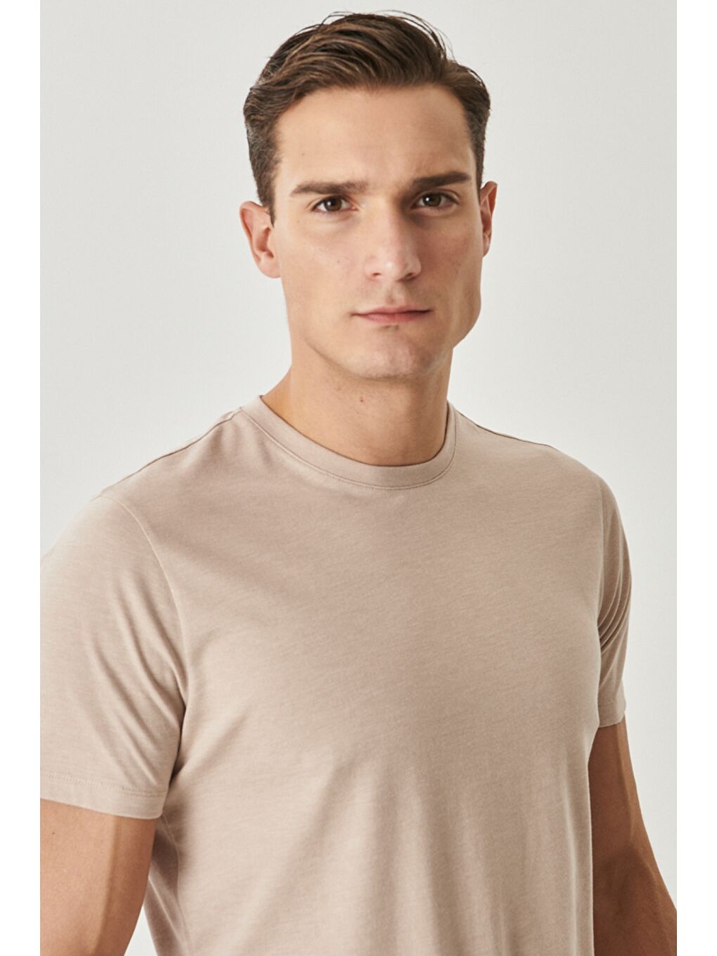 Erkek Haki-Bej Melanj Slim Fit Bisiklet Yaka 2'li Düz Tişört Paketi-6