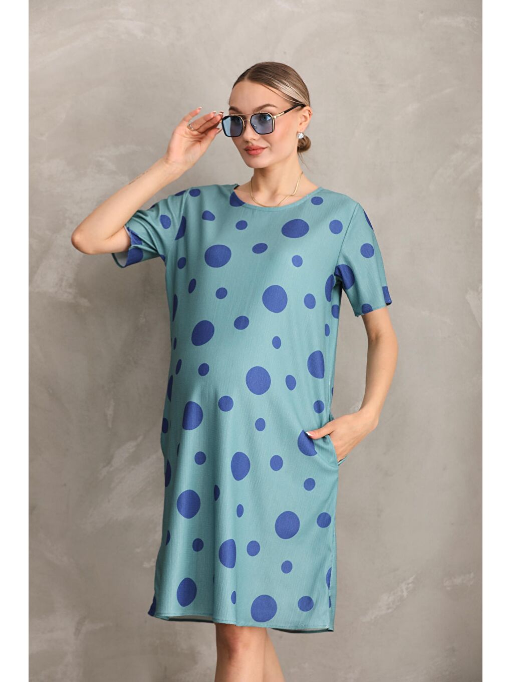Mavi Hamile Baskılı Midi Kısa Kol Yandan Cepli Elbise-1