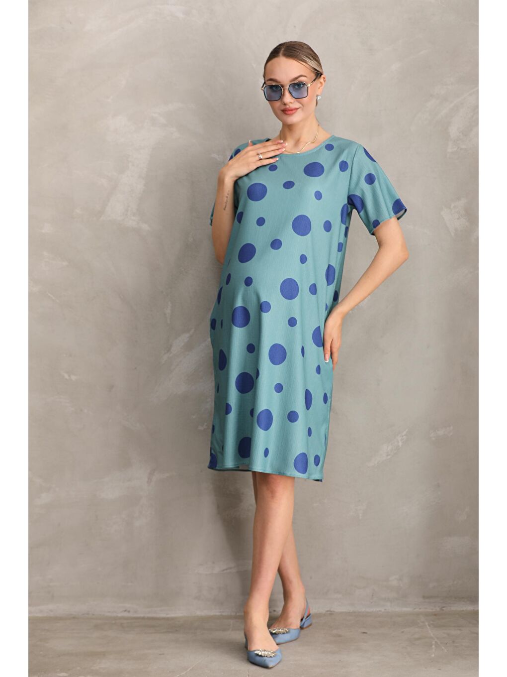 Mavi Hamile Baskılı Midi Kısa Kol Yandan Cepli Elbise-2