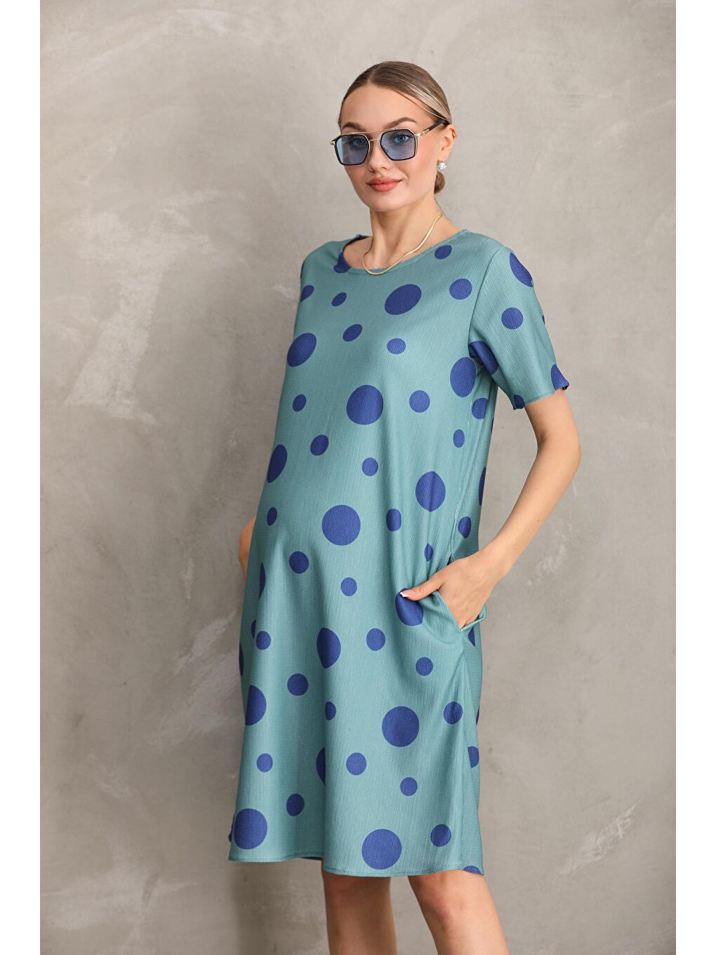 Mavi Hamile Baskılı Midi Kısa Kol Yandan Cepli Elbise-3
