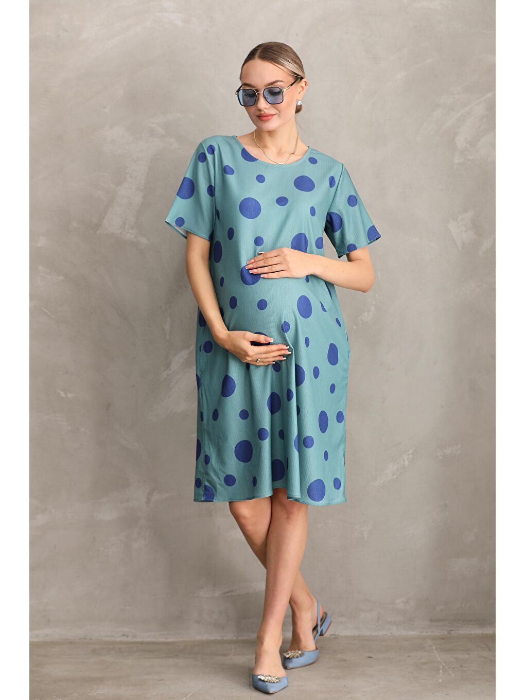 Mavi Hamile Baskılı Midi Kısa Kol Yandan Cepli Elbise-4