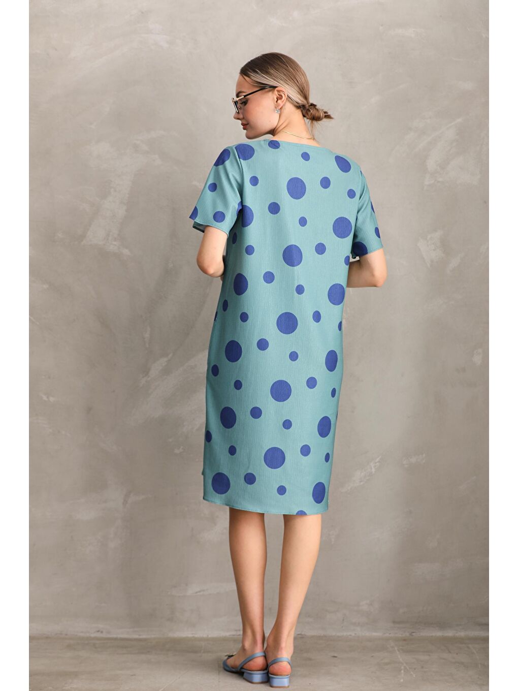 Mavi Hamile Baskılı Midi Kısa Kol Yandan Cepli Elbise-5