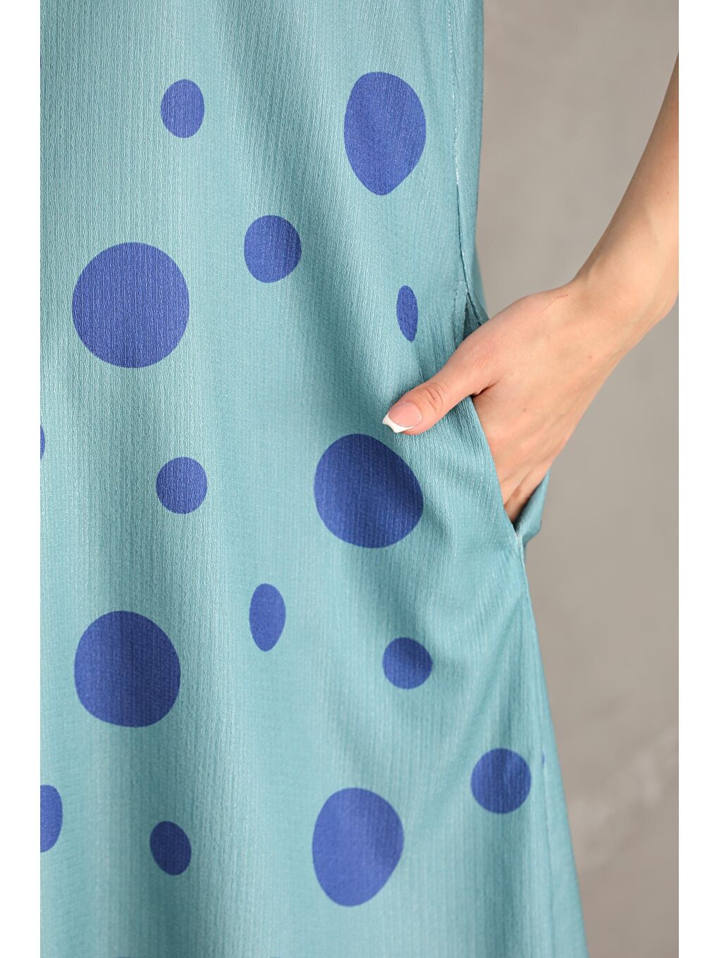 Mavi Hamile Baskılı Midi Kısa Kol Yandan Cepli Elbise-6