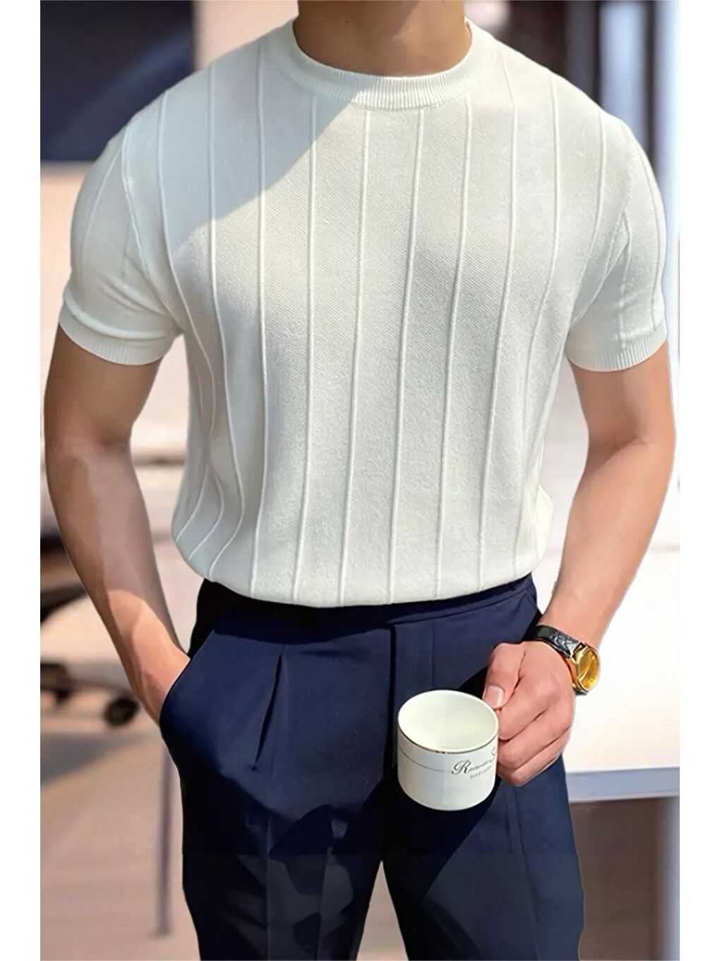 Oksit Beyaz Toro Çizgili Elastanlı Slim Fit Bisiklet Yaka Örme Erkek Triko Tshirt