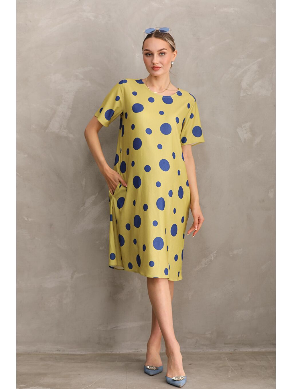 Sarı Hamile Baskılı Midi Kısa Kol Yandan Cepli Elbise-2