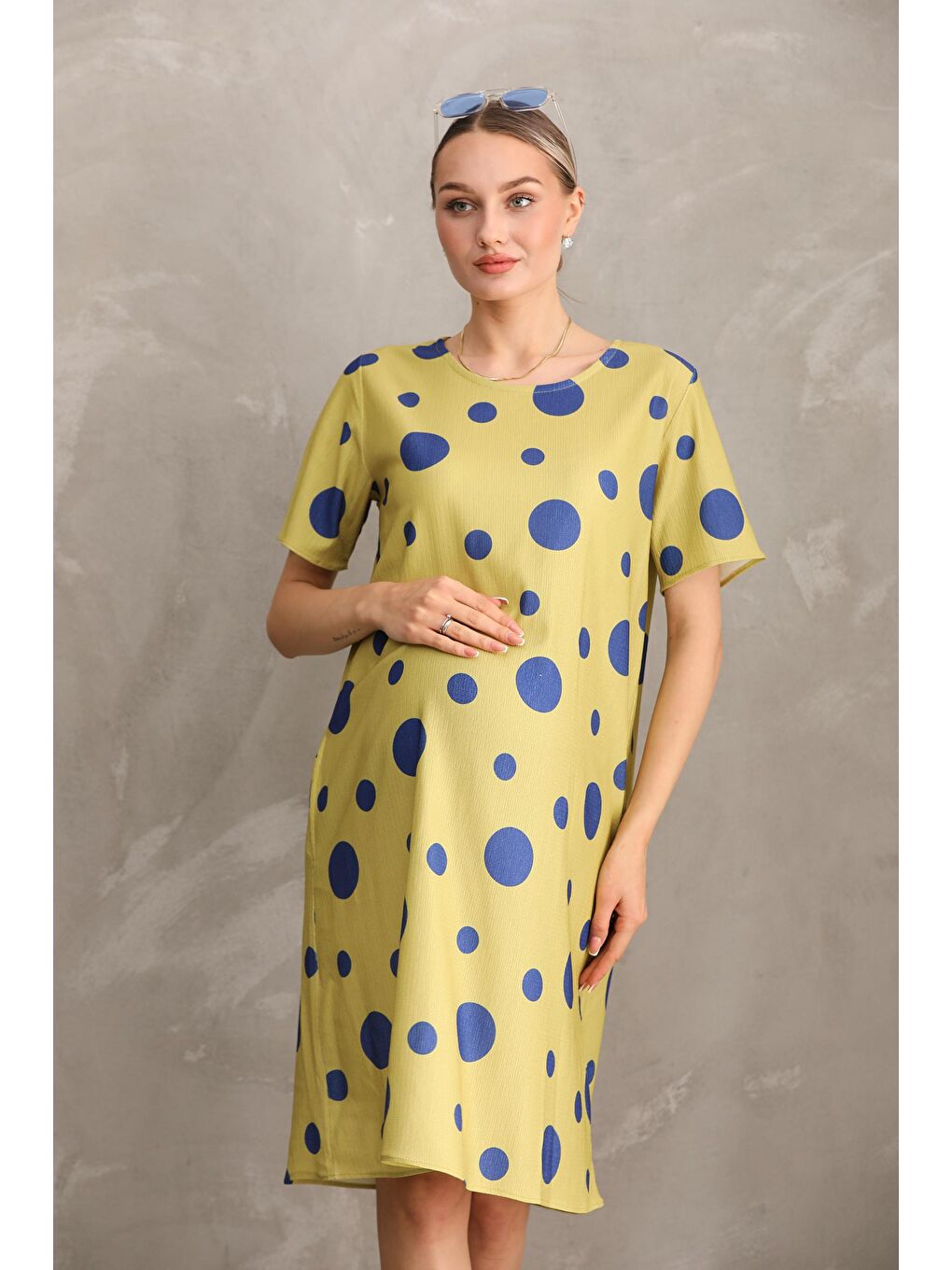 Sarı Hamile Baskılı Midi Kısa Kol Yandan Cepli Elbise-3