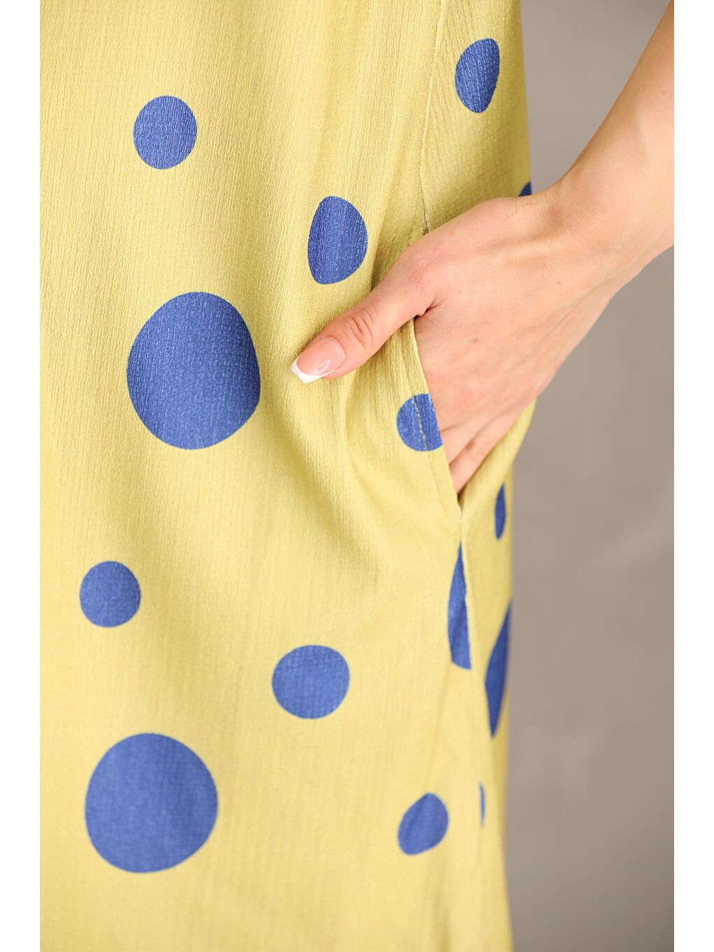 Sarı Hamile Baskılı Midi Kısa Kol Yandan Cepli Elbise-5