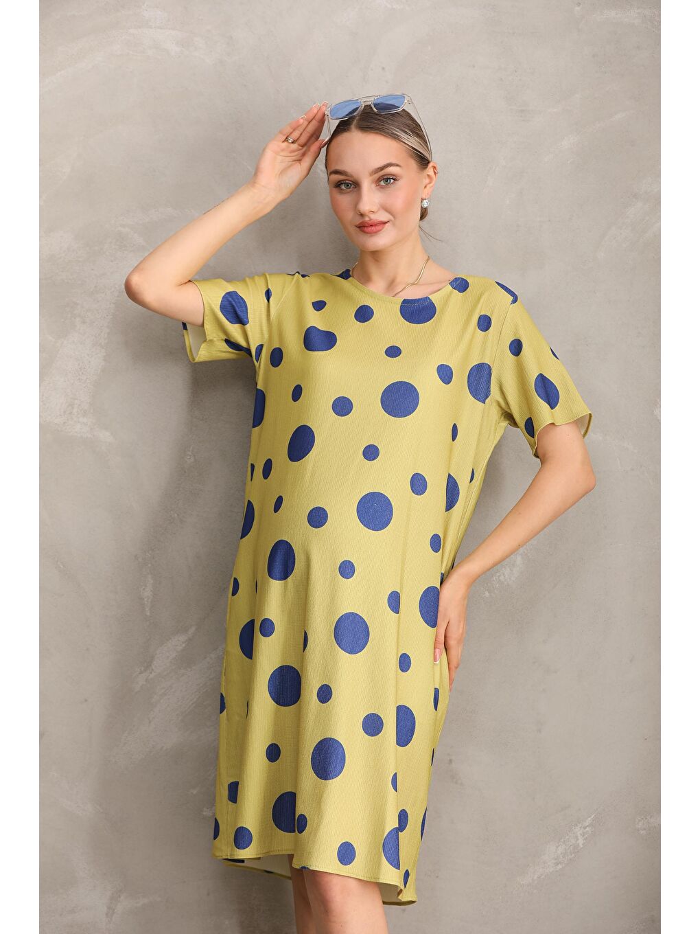 Sarı Hamile Baskılı Midi Kısa Kol Yandan Cepli Elbise-6