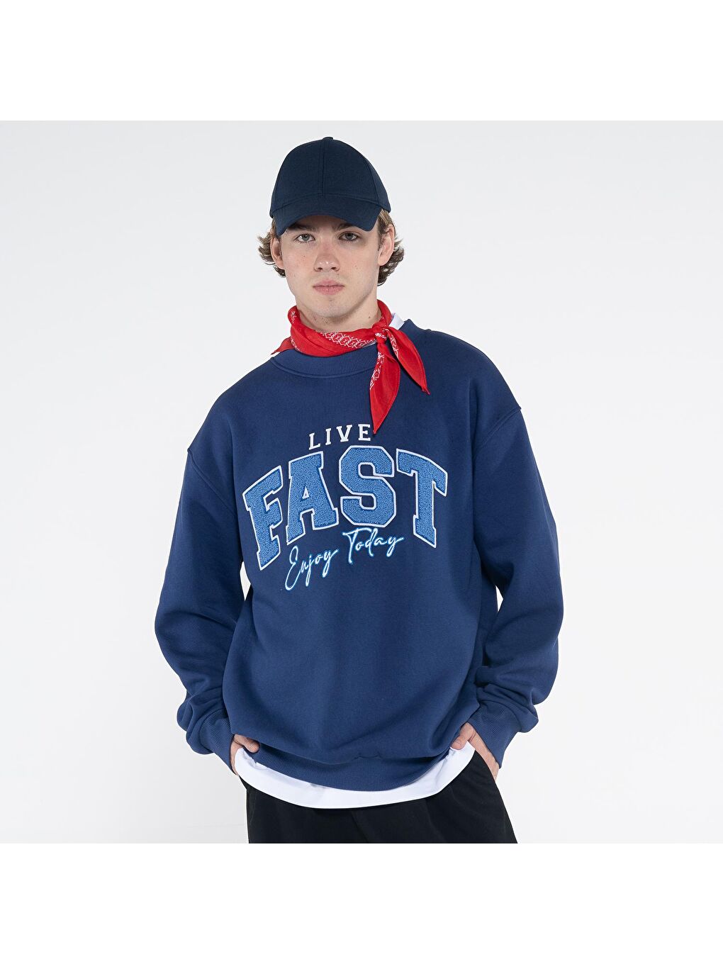 Friday Offset Lacivert Fast Erkek Lacivert Bisiklet Yaka Ekstra Oversize Sweatshirt - Şardonlu 3 İplik