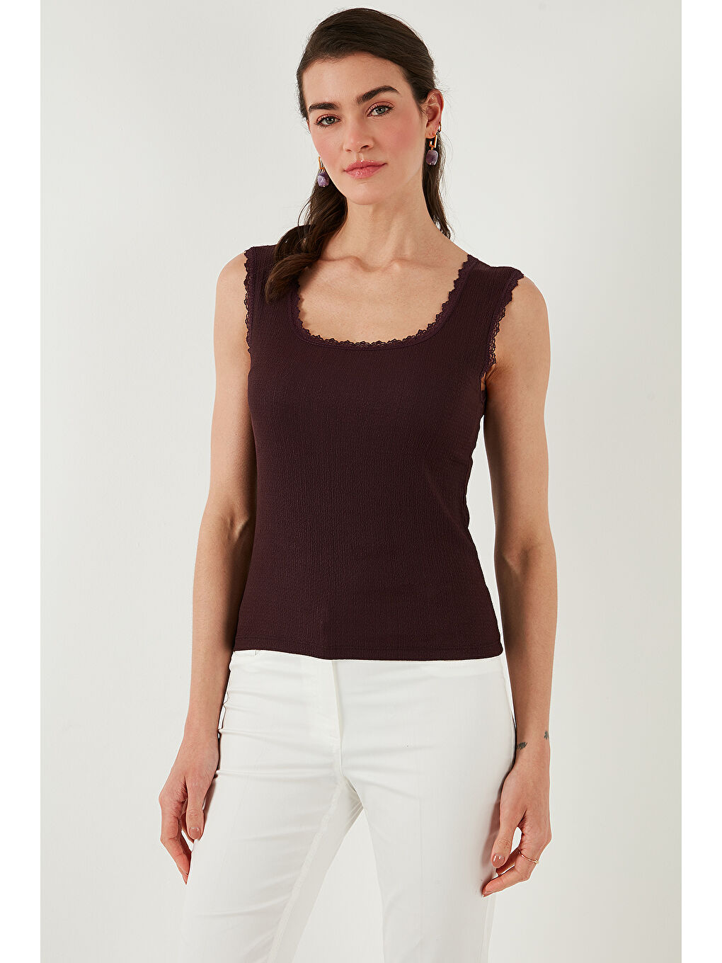 Bordo Slim Fit Kalın Askılı Dantelli Kare Yaka Bürümcük Kadın Atlet 5864979-4