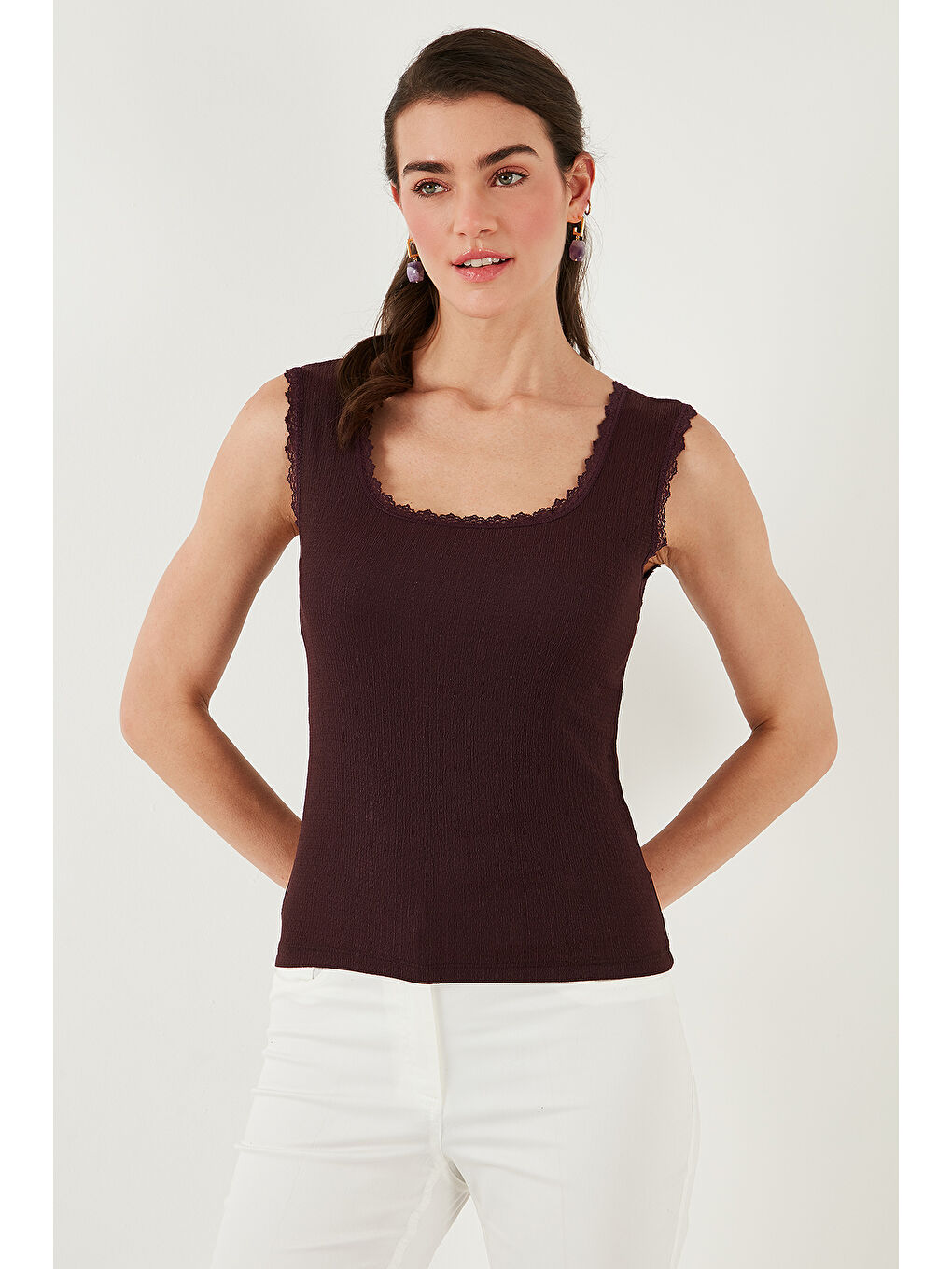 Bordo Slim Fit Kalın Askılı Dantelli Kare Yaka Bürümcük Kadın Atlet 5864979-5