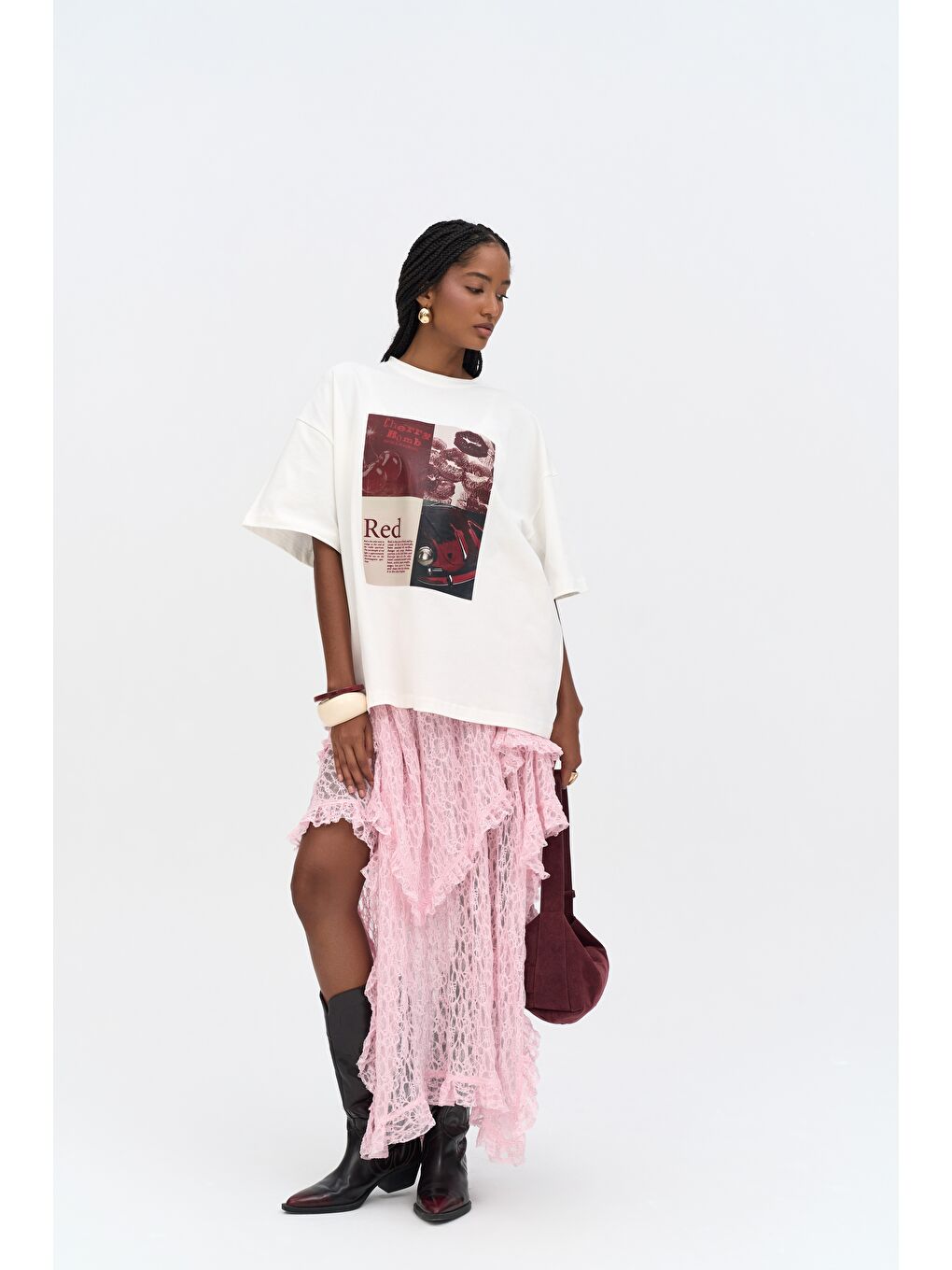 Red Bloom Oversize Beyaz T-Shirt-4