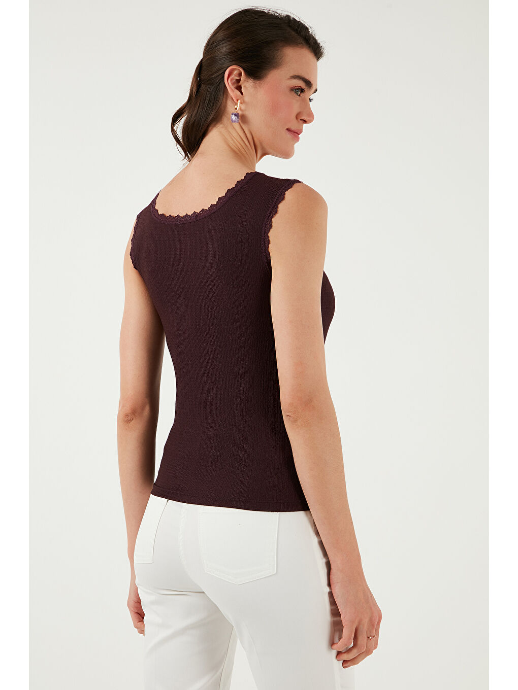 Bordo Slim Fit Kalın Askılı Dantelli Kare Yaka Bürümcük Kadın Atlet 5864979-6