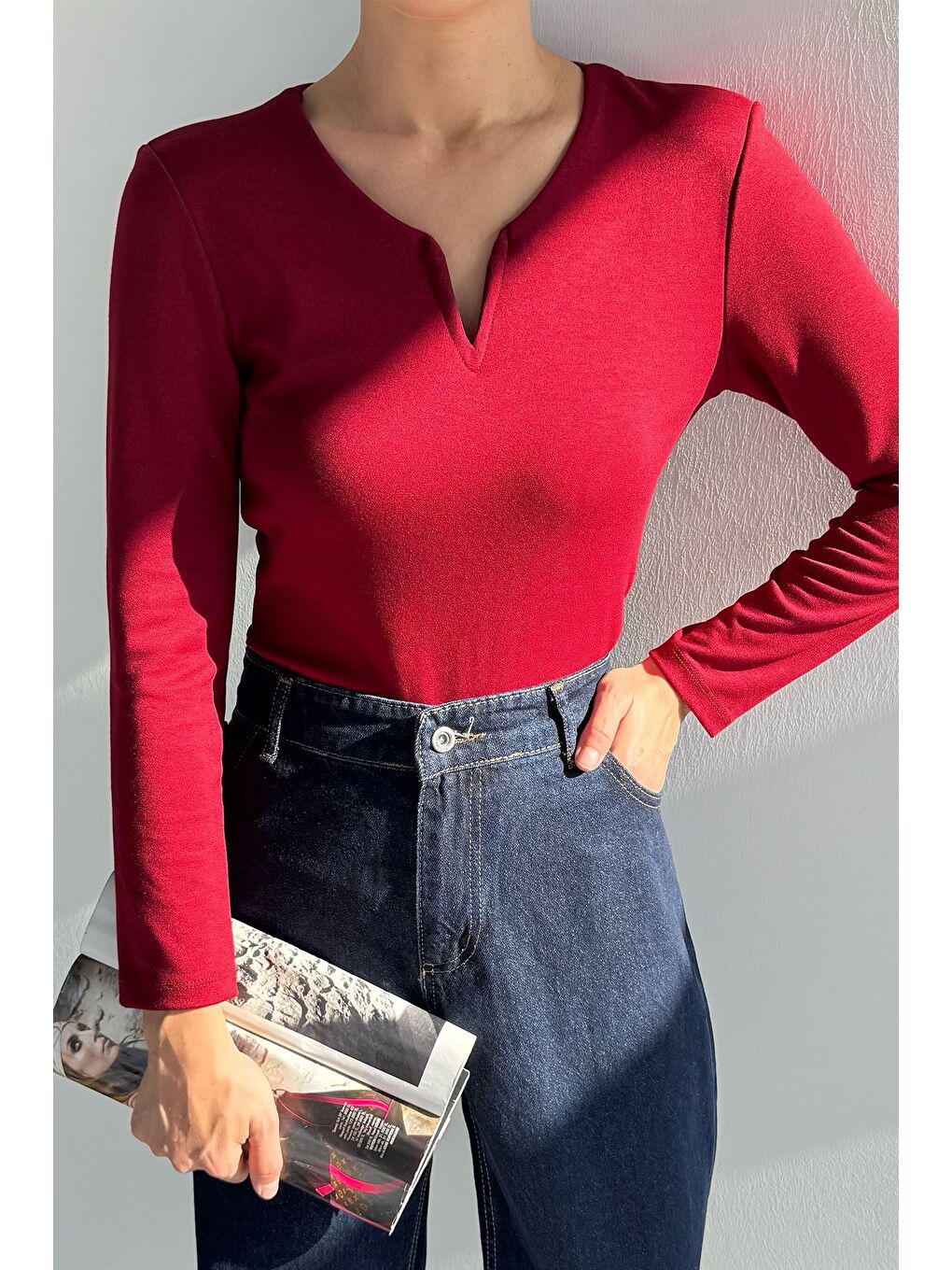 Bordo Ön Detaylı V Yaka Basıc Bluz-1