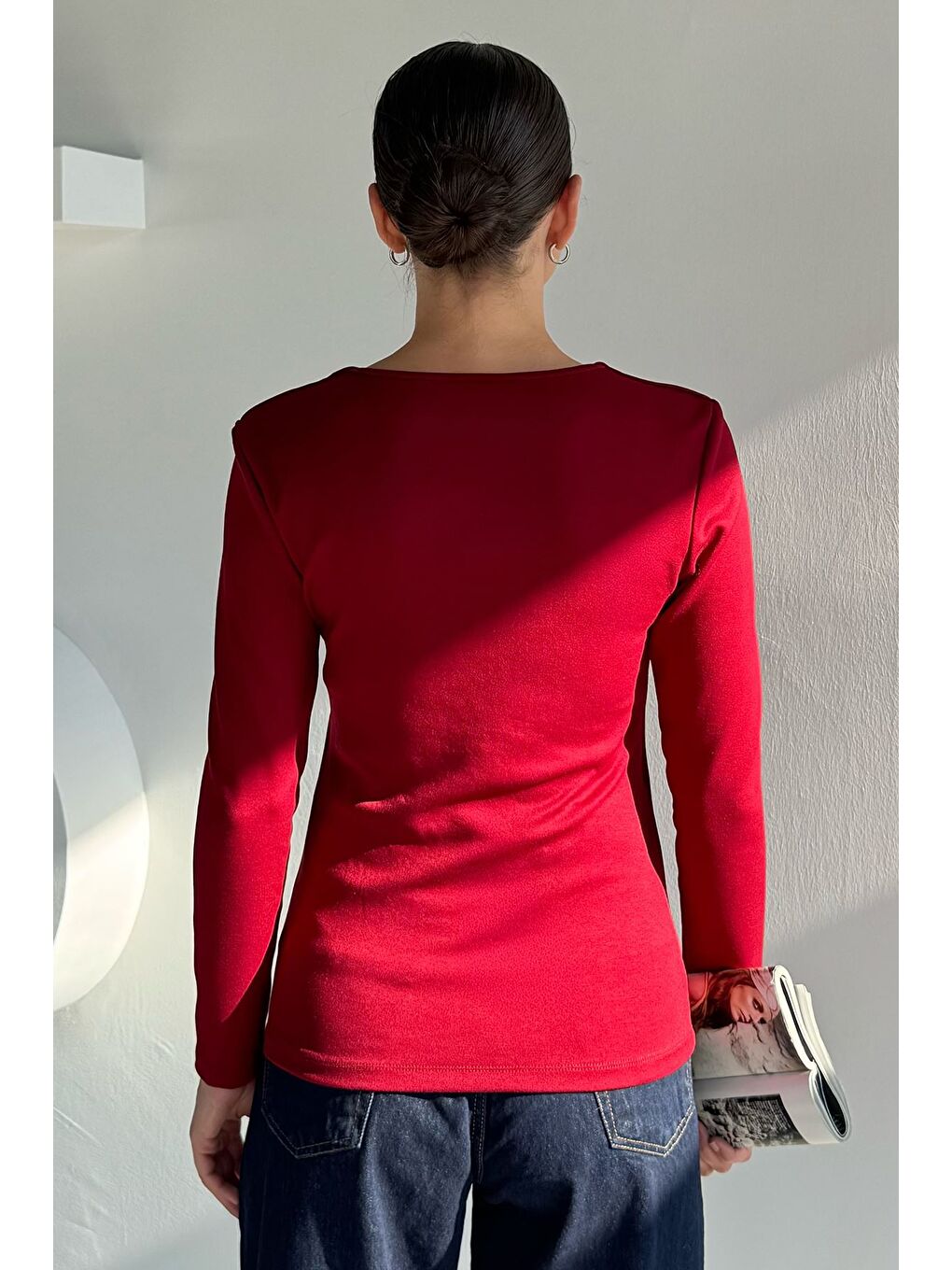 Bordo Ön Detaylı V Yaka Basıc Bluz-3