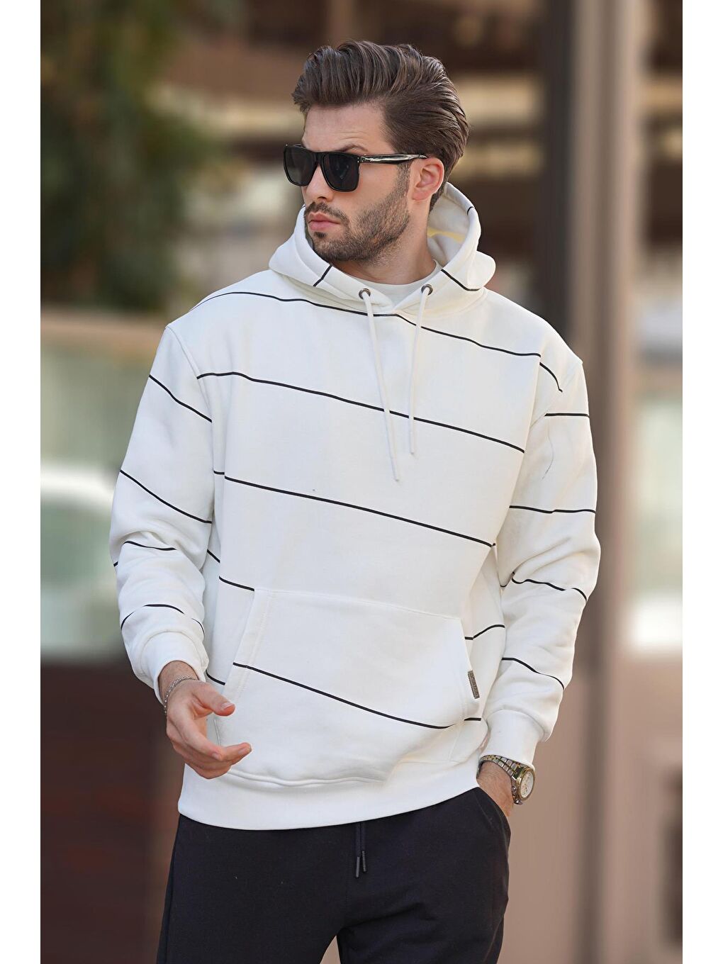 Ekru Kapüşonlu Cep Detaylı Çizgili  Erkek Hoodie 7063